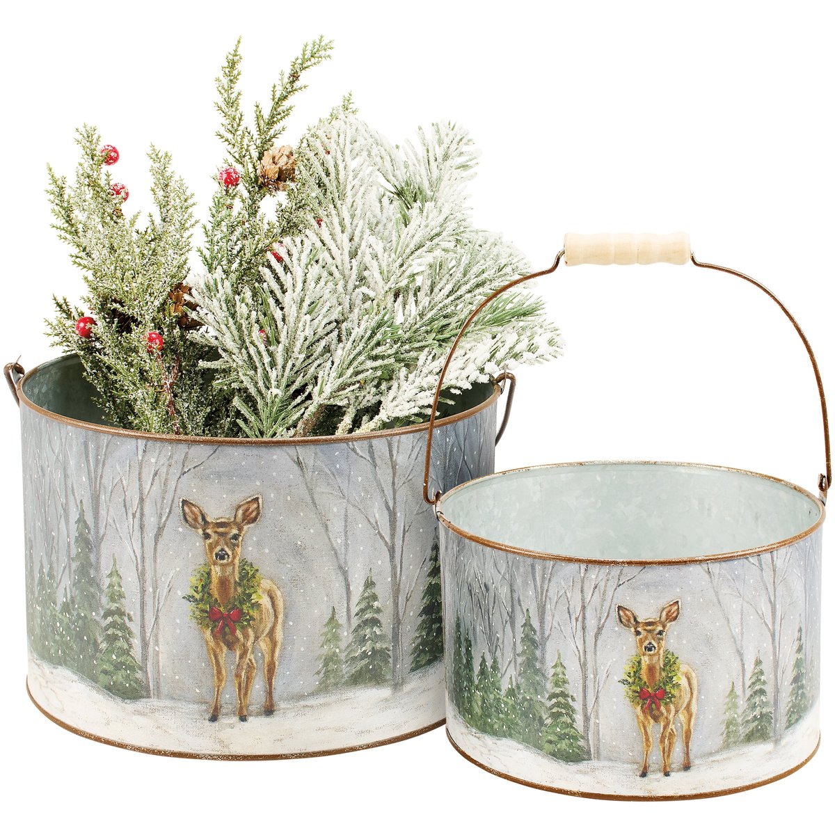 Charming Snowy Deer Double-Sided Christmas Decor Bucket Set with Wooden Handles
