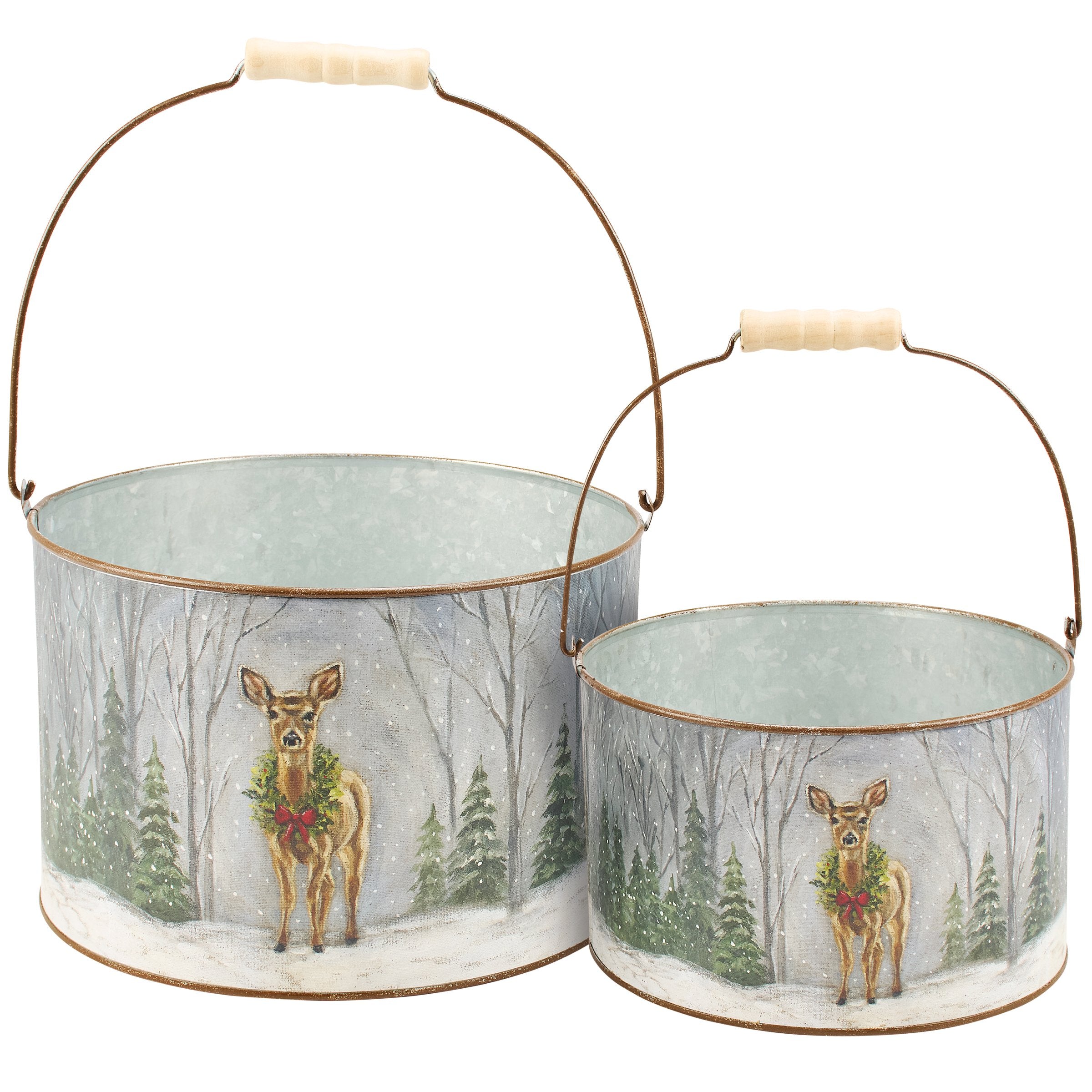 Charming Snowy Deer Double-Sided Christmas Decor Bucket Set with Wooden Handles