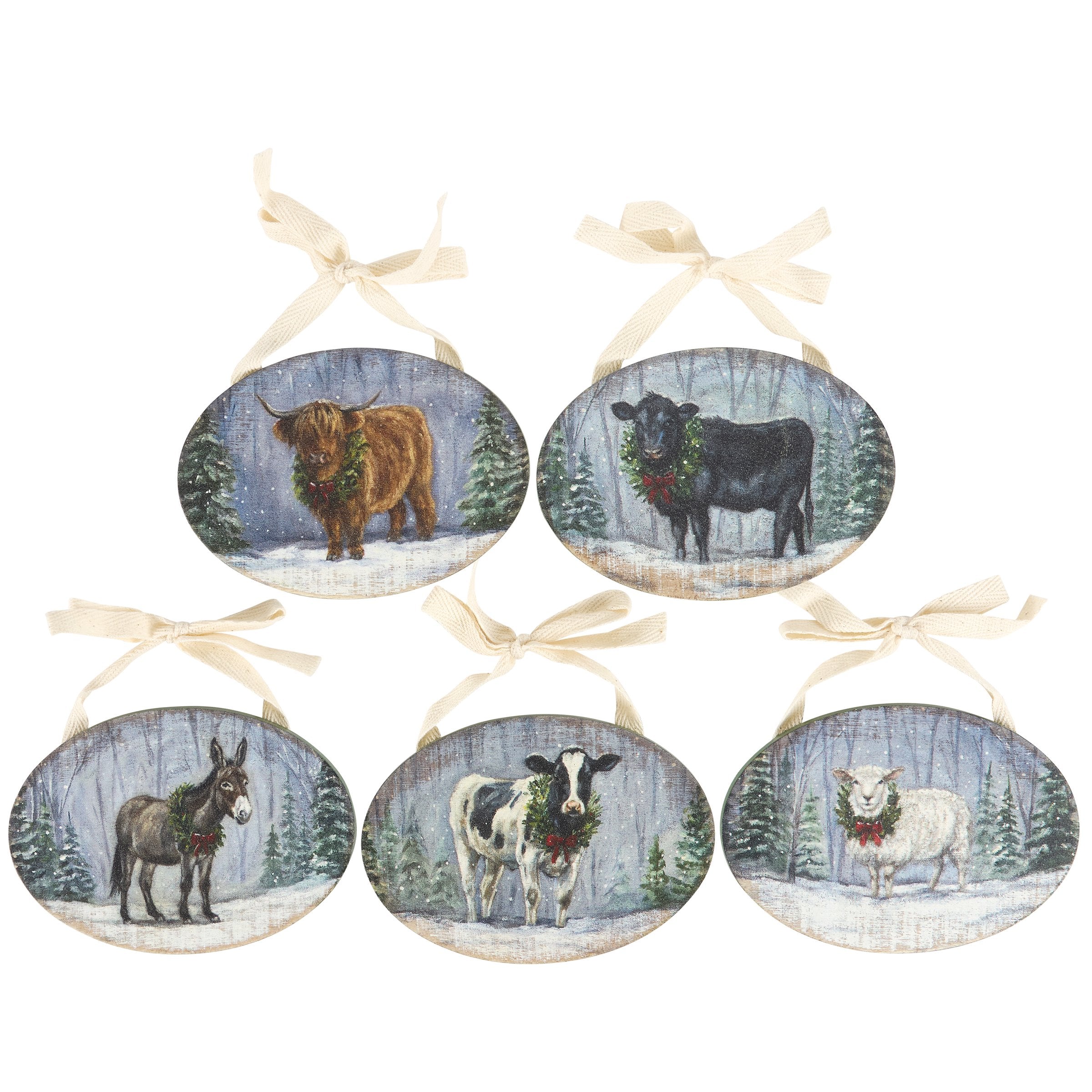 Whimsical Farmhouse Snowy Animals 5-Piece Wooden Christmas Ornament Set