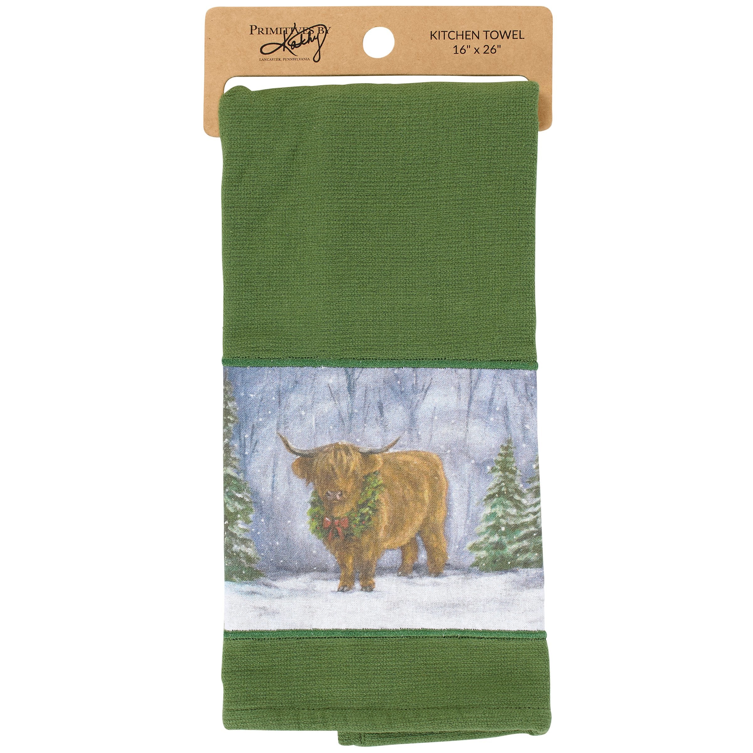 Charming Winter Highland Cow Christmas Farmhouse Kitchen Towel, Absorbent Cotton Terrycloth