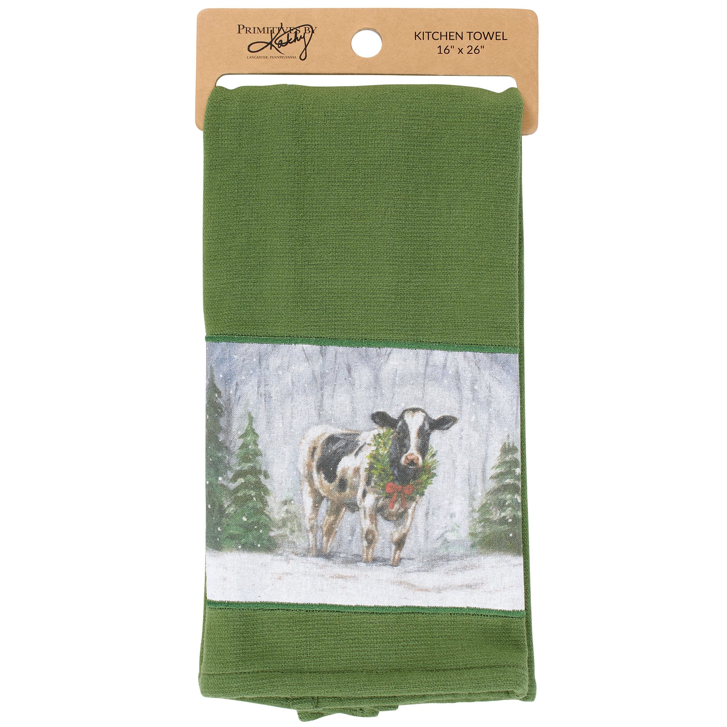 Charming Farmhouse Christmas Snowy Cow Kitchen Towel - Absorbent Cotton Terrycloth