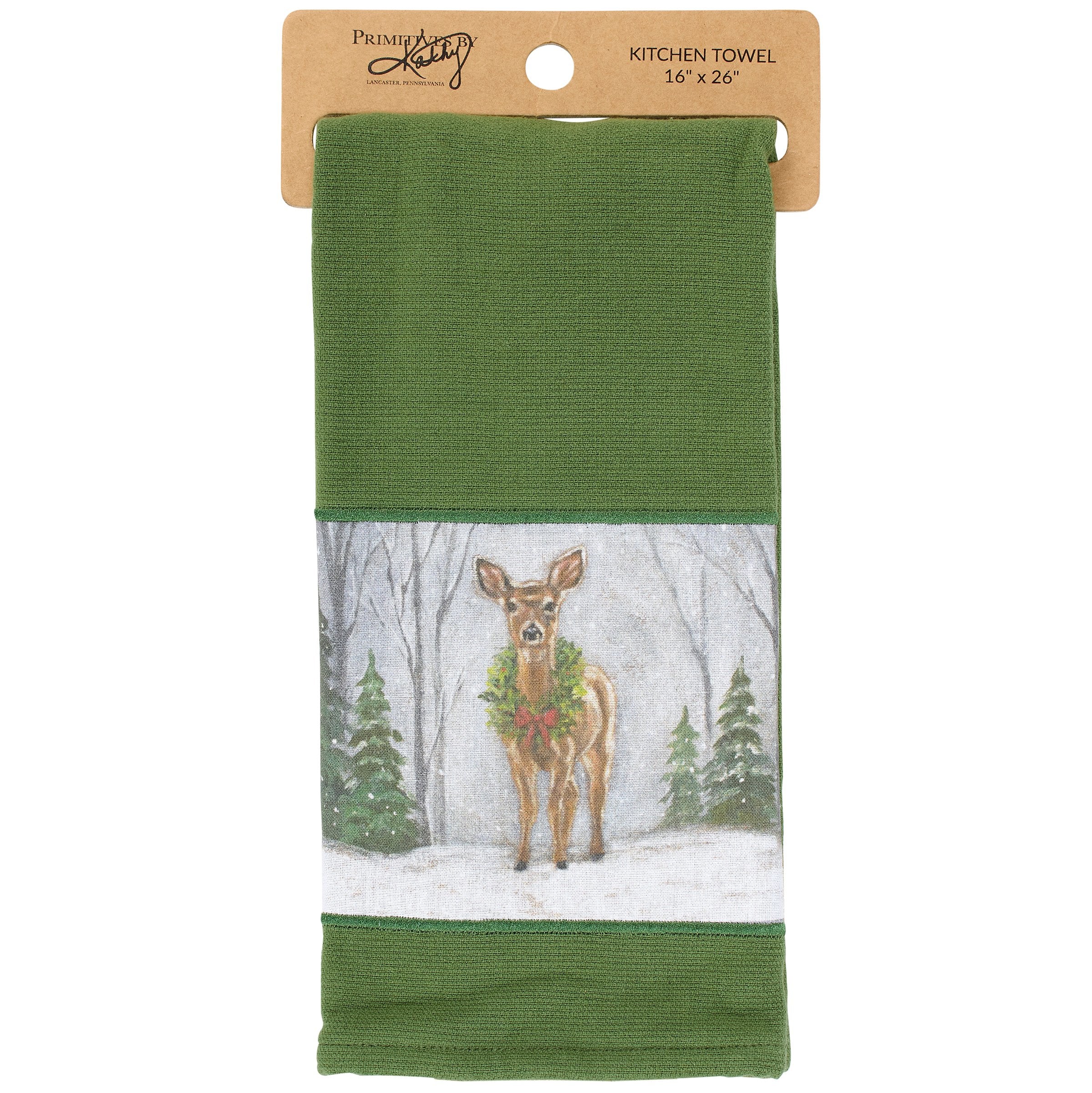 Festive Snowy Deer Christmas Kitchen Towel, Absorbent Cotton Terrycloth, Machine Washable