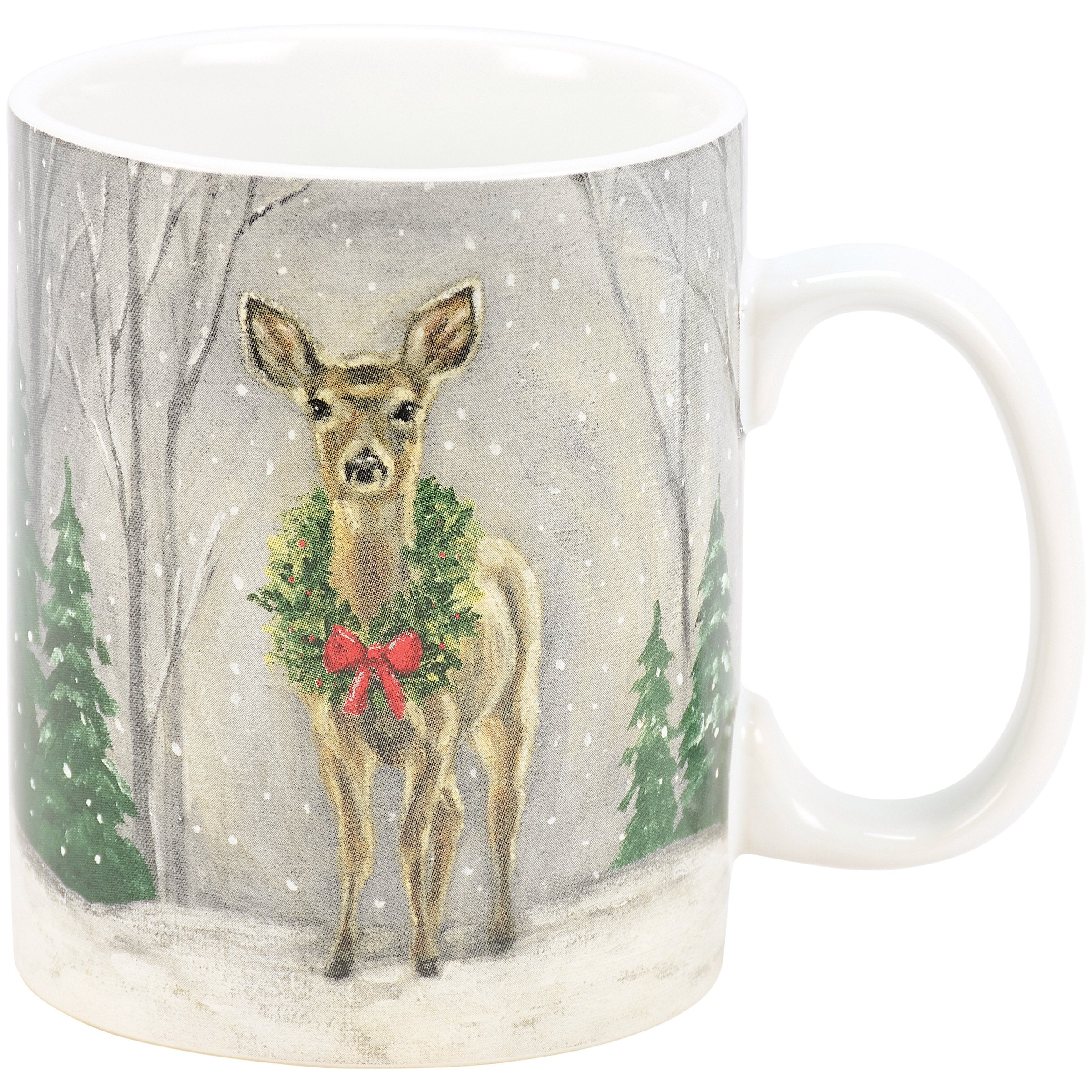Charming Snowy Deer Stoneware Mug with Festive Holiday Wreath Design, 20 oz