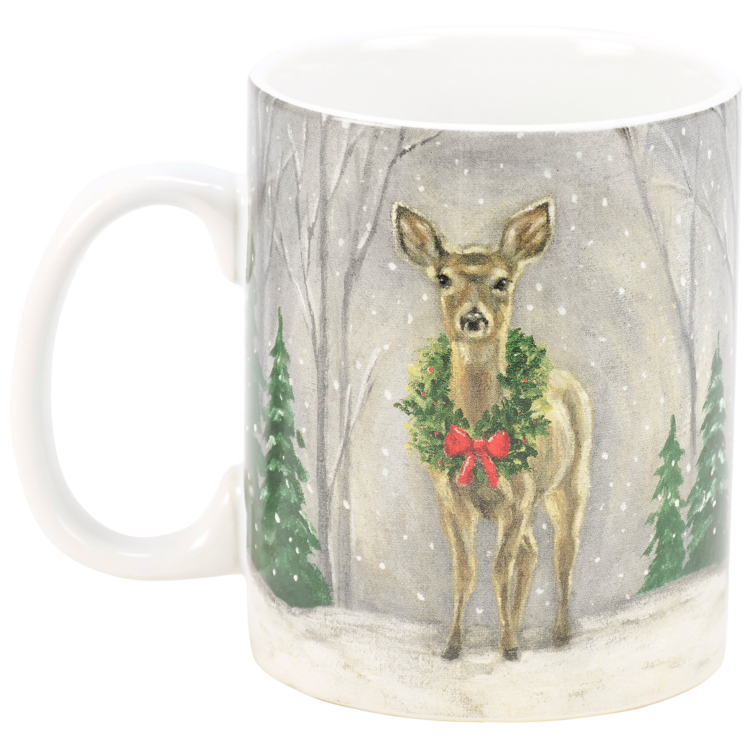 Charming Snowy Deer Stoneware Mug with Festive Holiday Wreath Design, 20 oz
