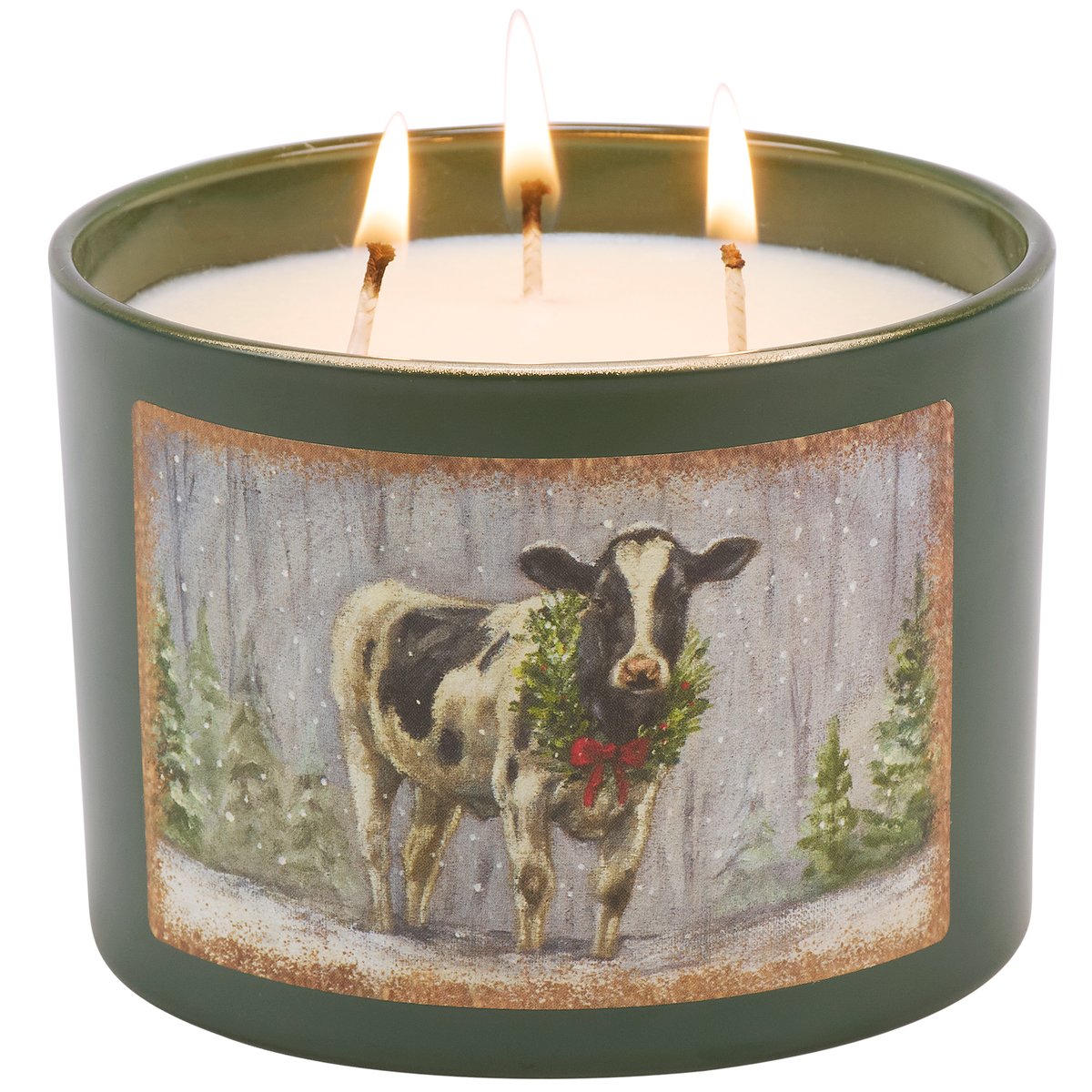 Rustic Farmhouse Snowy Cow Soy Candle - Festive Spruce Scent, 30-Hour Burn