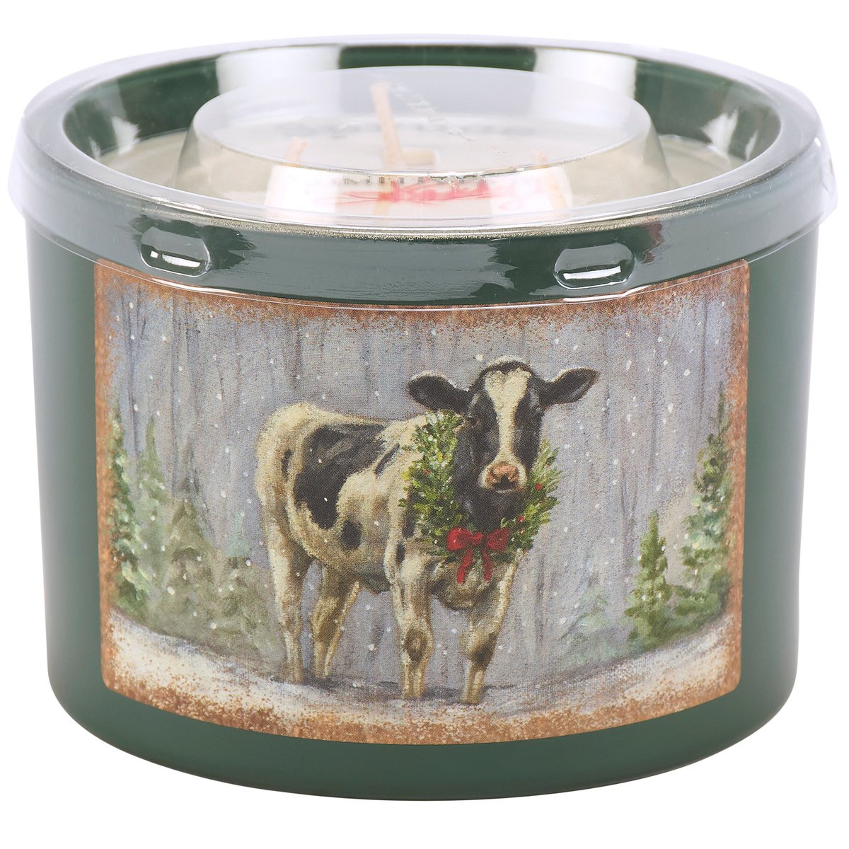 Rustic Farmhouse Snowy Cow Soy Candle - Festive Spruce Scent, 30-Hour Burn