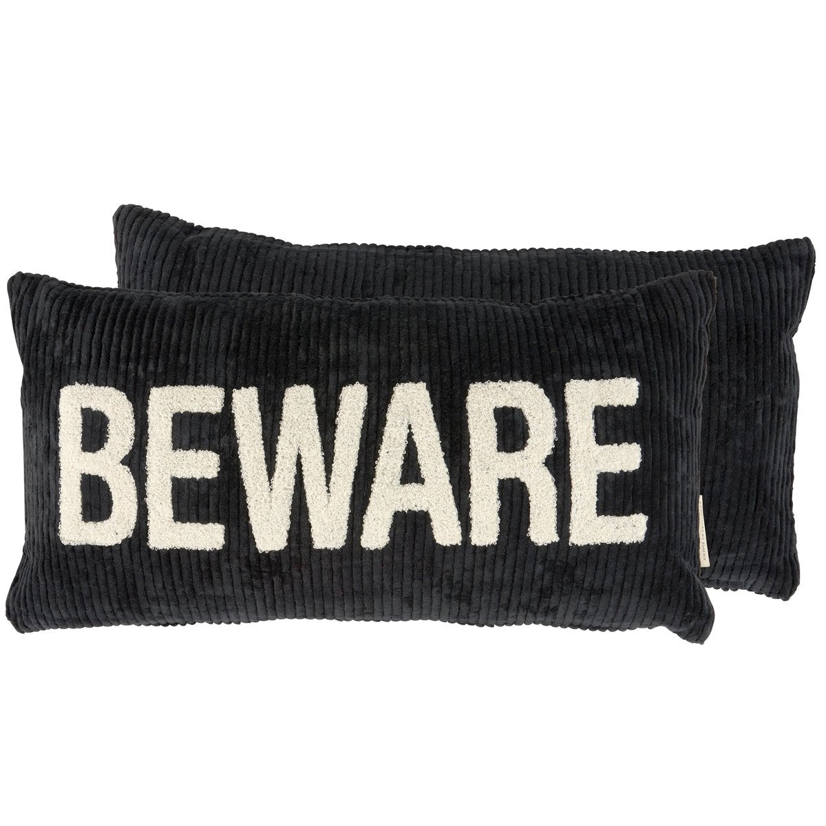 Spooky Black Corduroy "Beware" Halloween Throw Pillow with Removable Cover