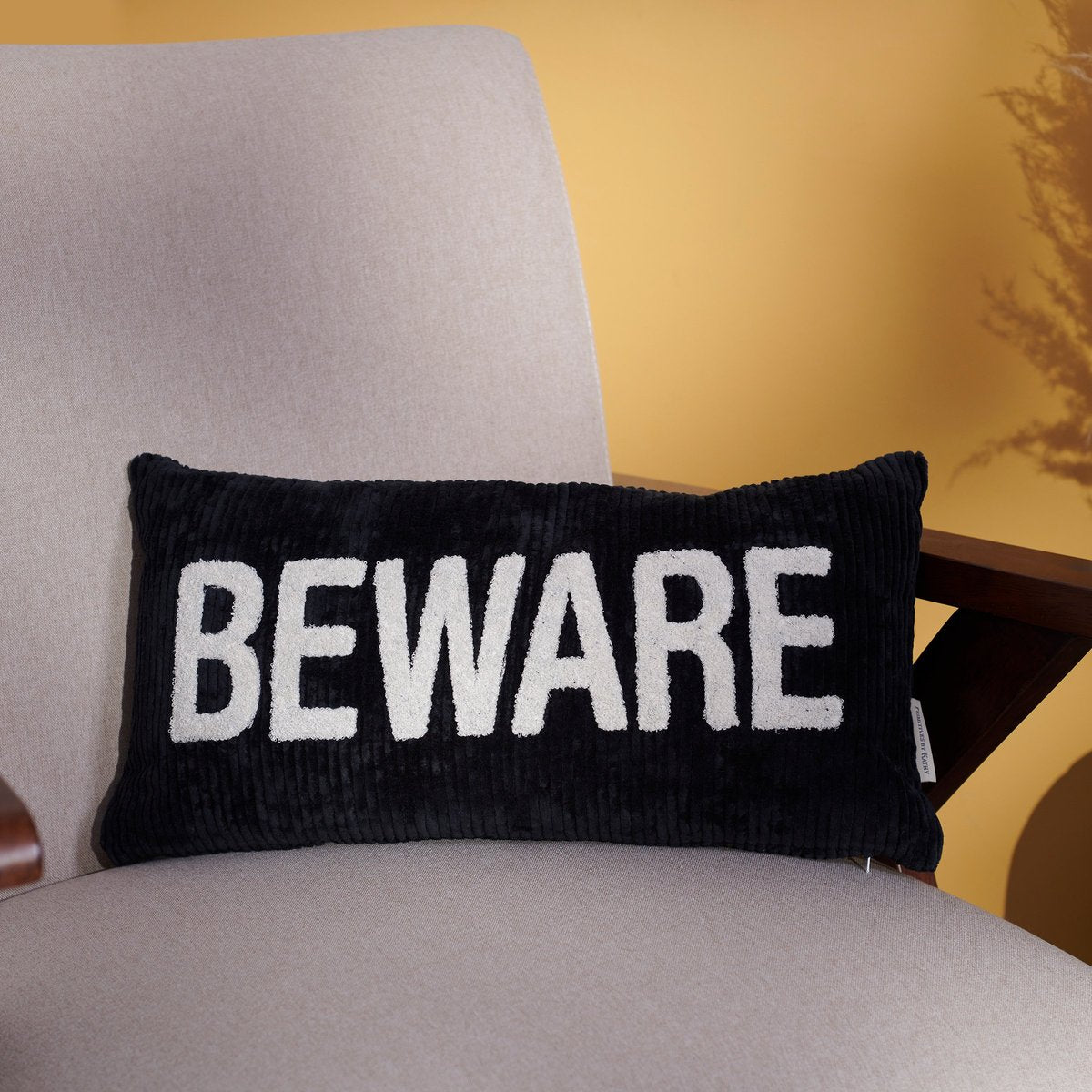 Spooky Black Corduroy "Beware" Halloween Throw Pillow with Removable Cover