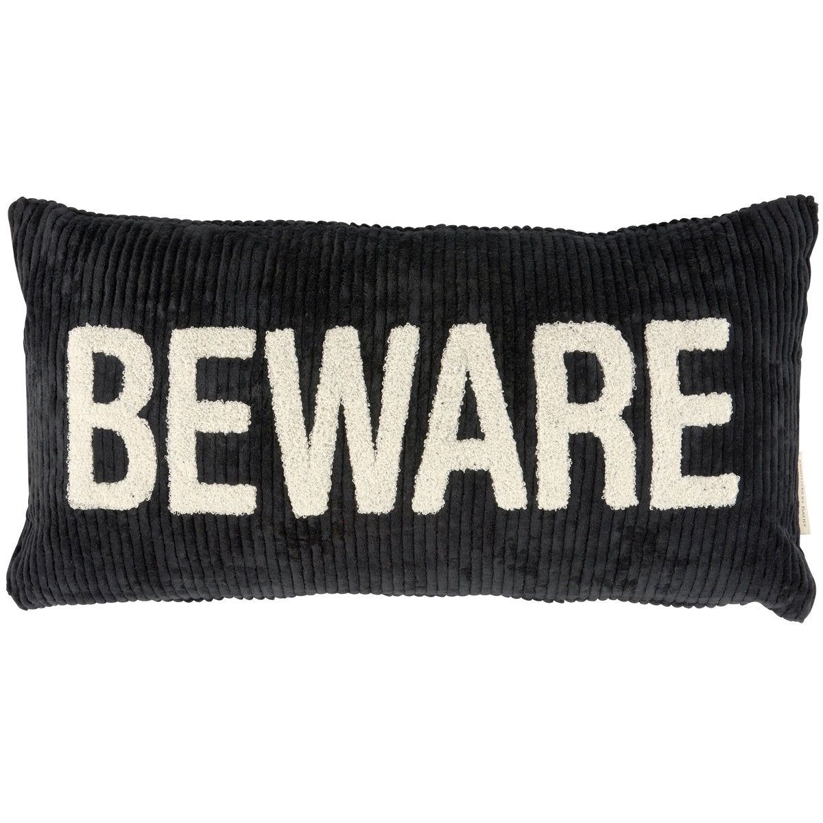 Spooky Black Corduroy "Beware" Halloween Throw Pillow with Removable Cover