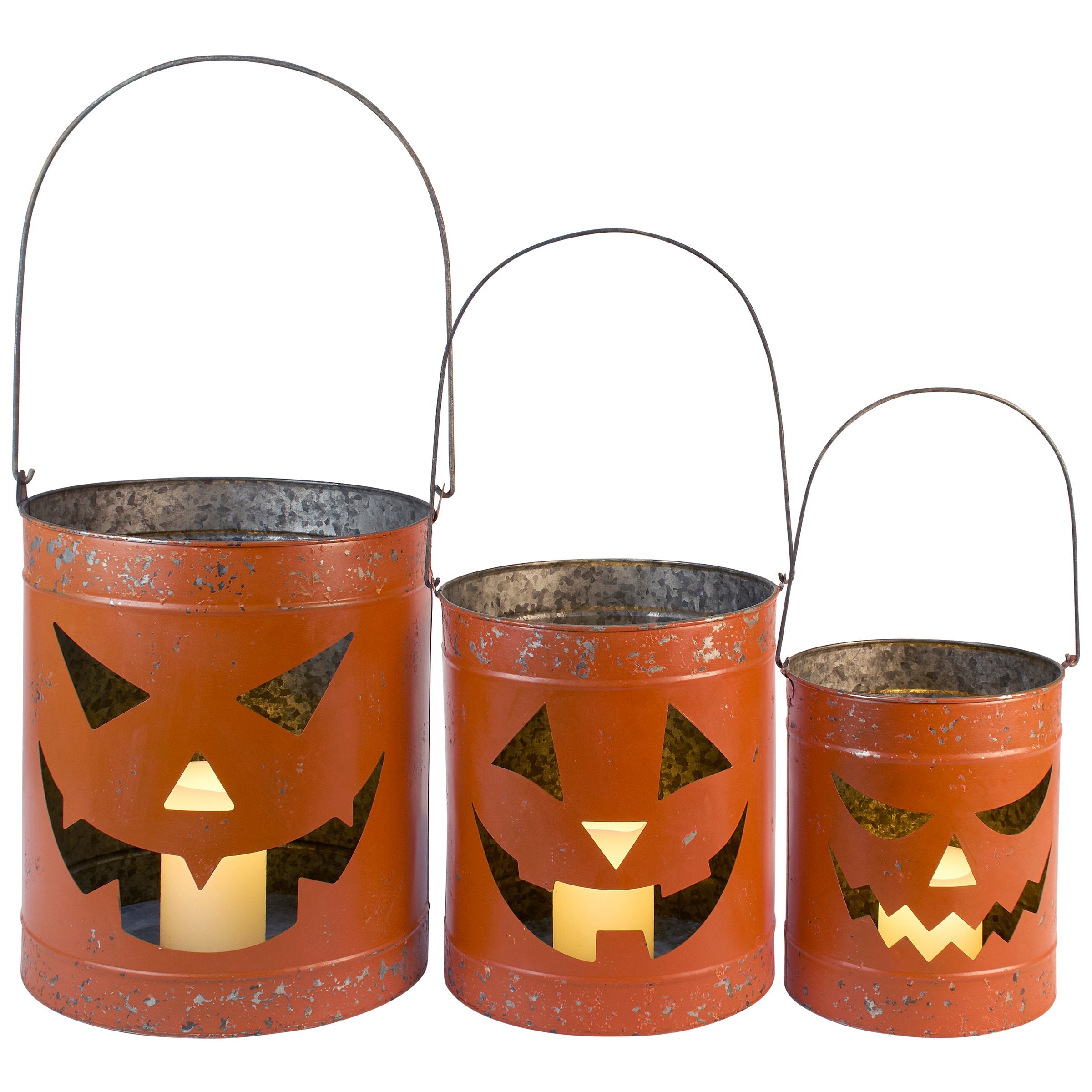 Fun Rustic Metal Jack O'Lantern Lantern Set - Three Sizes Halloween Decor