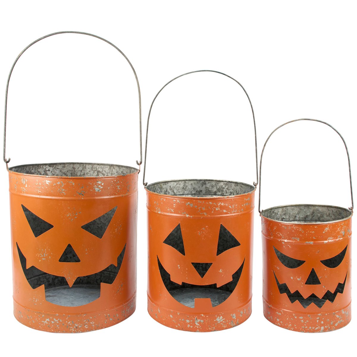 Fun Rustic Metal Jack O'Lantern Lantern Set - Three Sizes Halloween Decor