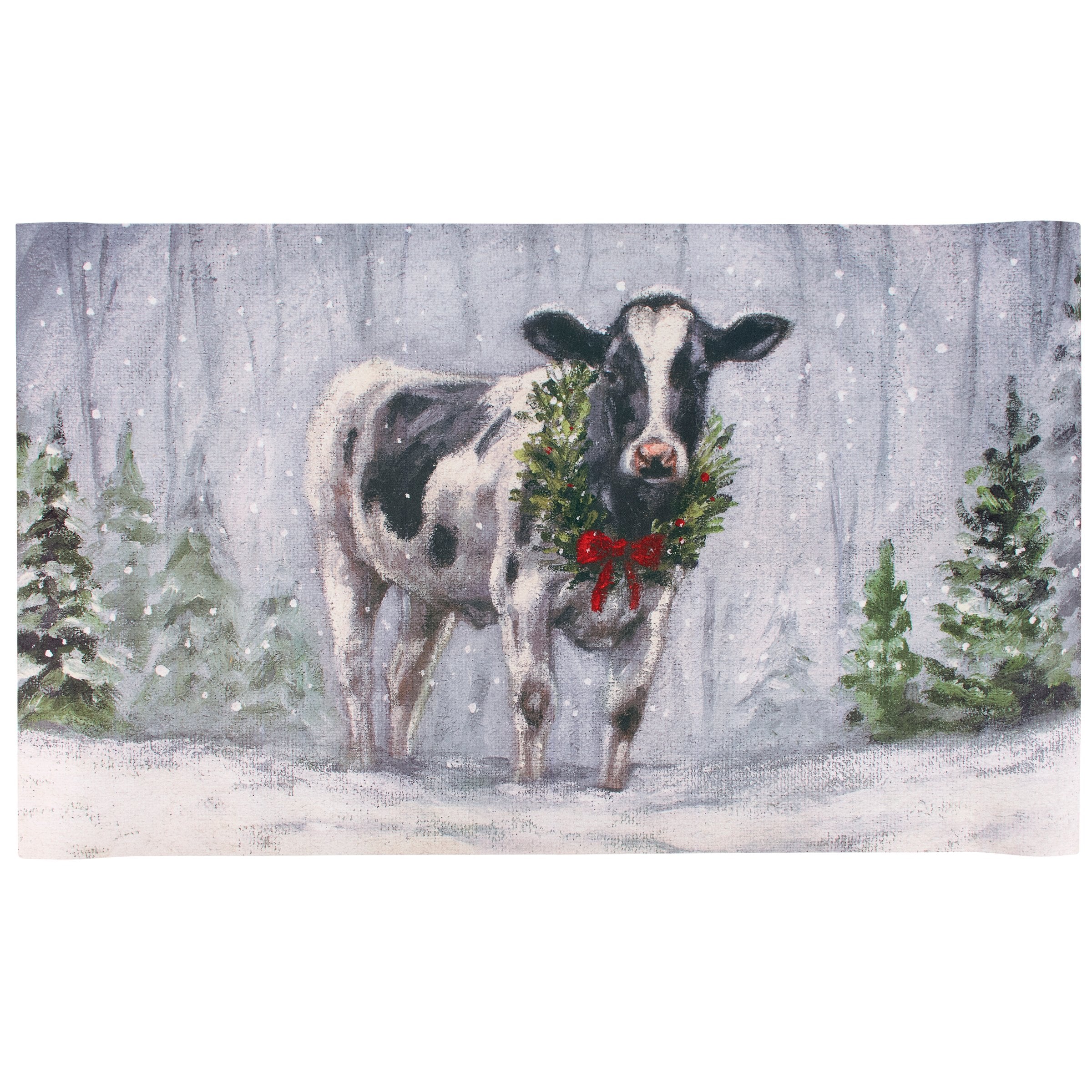 Festive Snowy Dairy Cow Indoor Outdoor Rug, Holiday Wreath, Rustic Farmhouse Decor