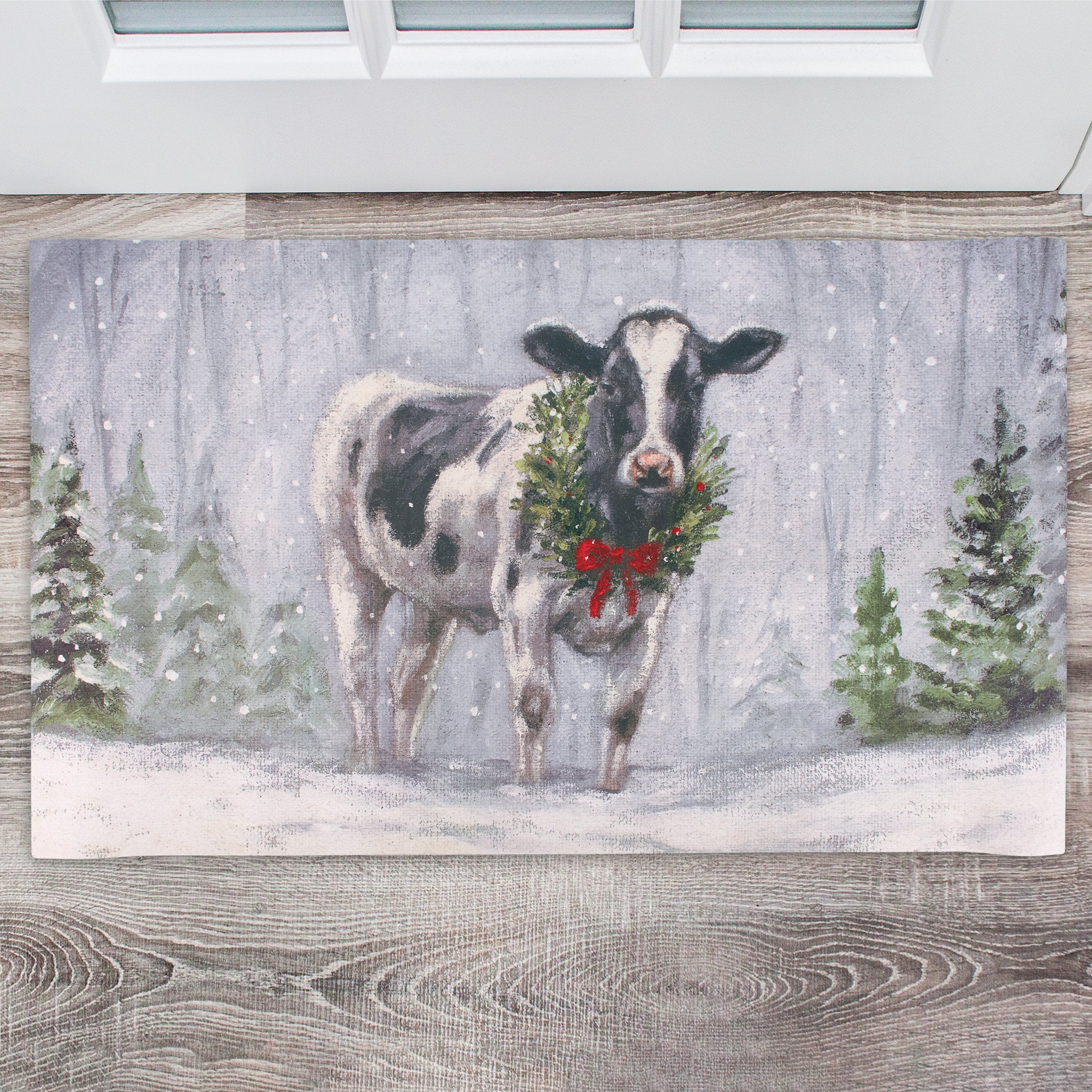 Festive Snowy Dairy Cow Indoor Outdoor Rug, Holiday Wreath, Rustic Farmhouse Decor