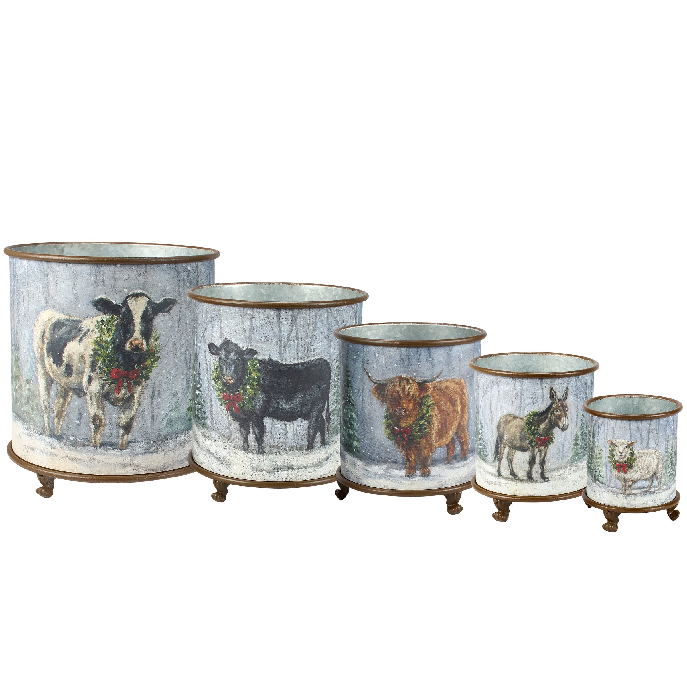Charming Rustic Metal Snowy Farm Animals 5-Piece Christmas Planter Set