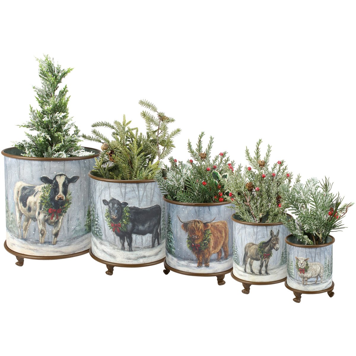 Charming Rustic Metal Snowy Farm Animals 5-Piece Christmas Planter Set