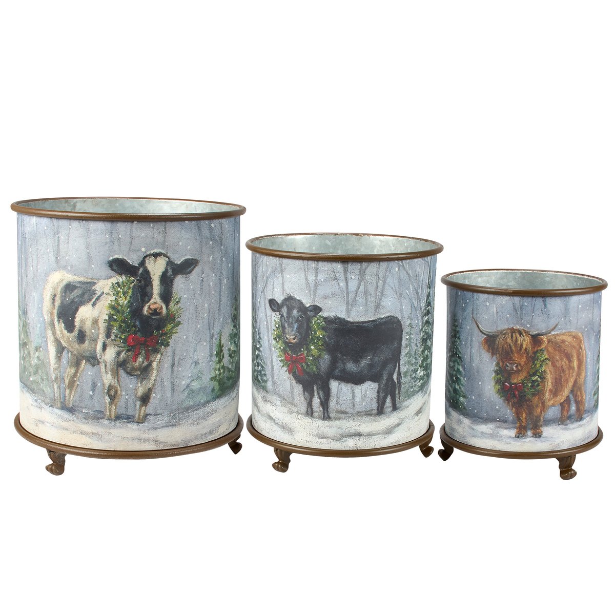 Charming Rustic Metal Snowy Farm Animals 5-Piece Christmas Planter Set