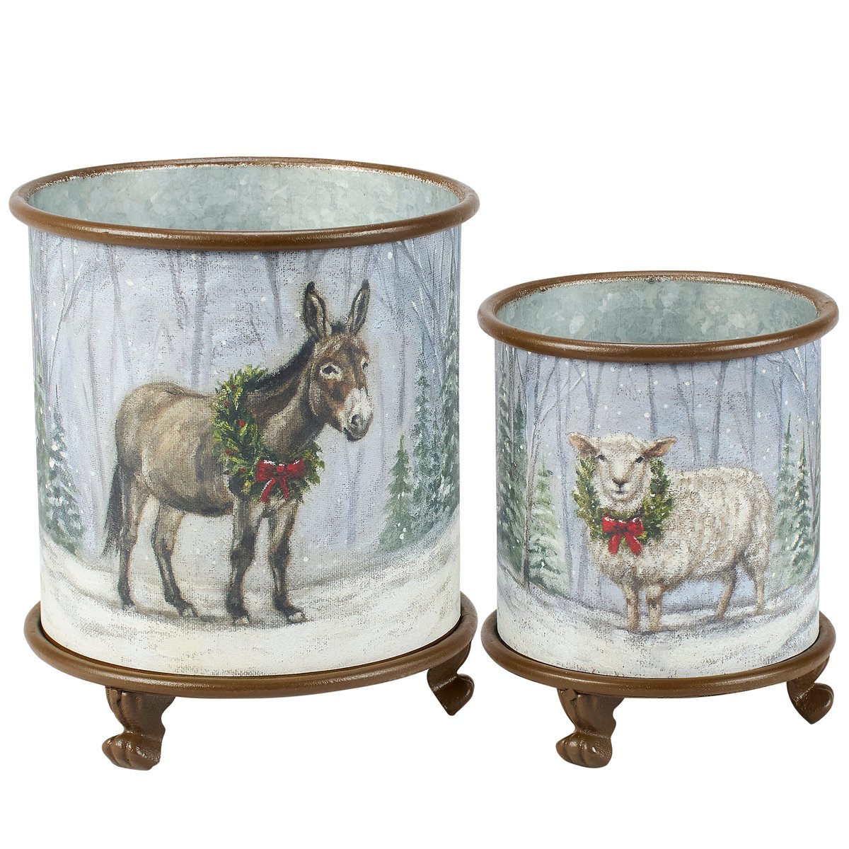 Charming Rustic Metal Snowy Farm Animals 5-Piece Christmas Planter Set