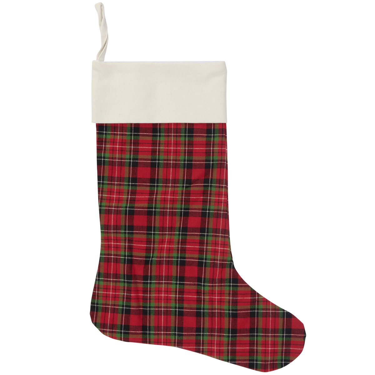 Festive Red Green Plaid Cotton Christmas Stocking with Cream Cuff