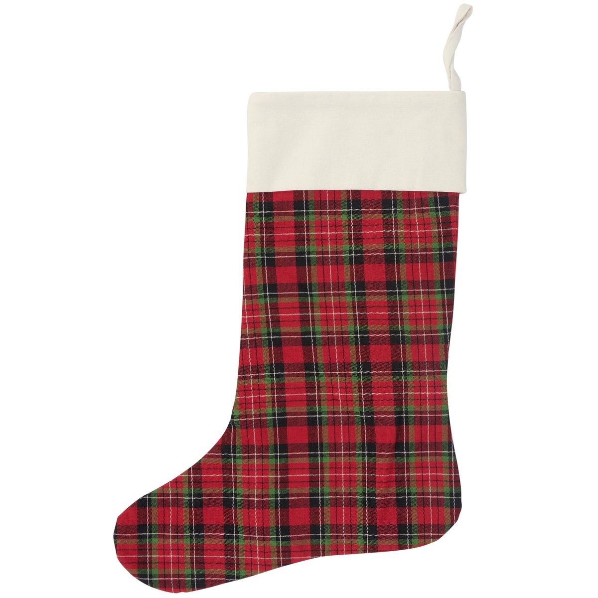 Festive Red Green Plaid Cotton Christmas Stocking with Cream Cuff