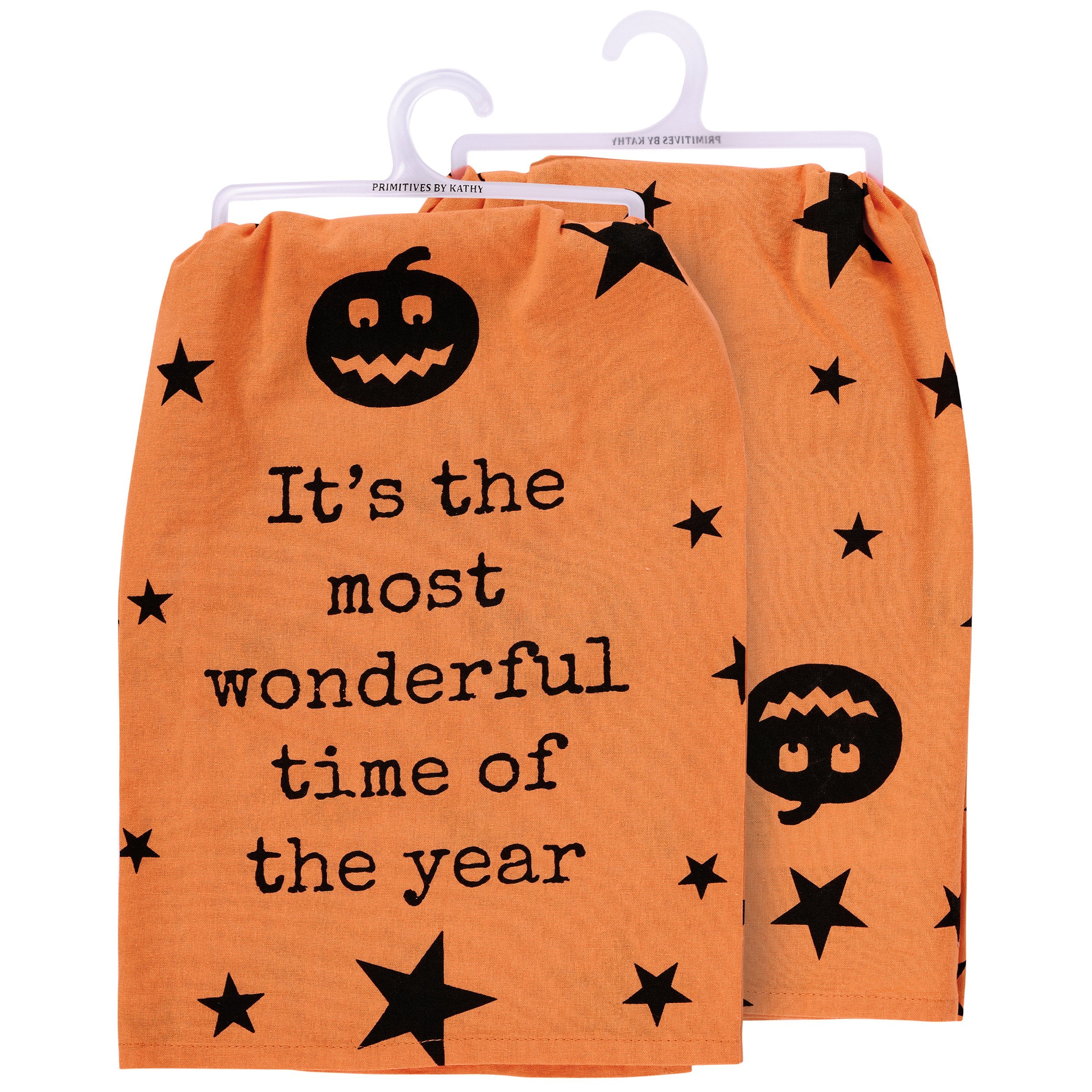 Spooky Orange Cotton Halloween Kitchen Towel - 'Most Wonderful Time' Jack-o'-Lanterns