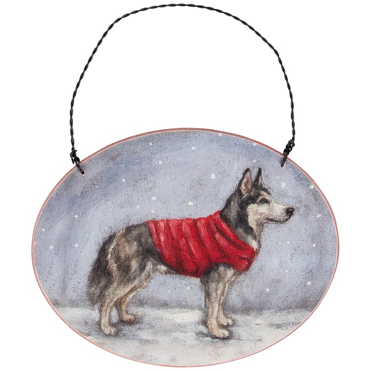 Charming Husky Dog Christmas Ornament, Cozy Winter Vest, Hand-Painted Burlap Art