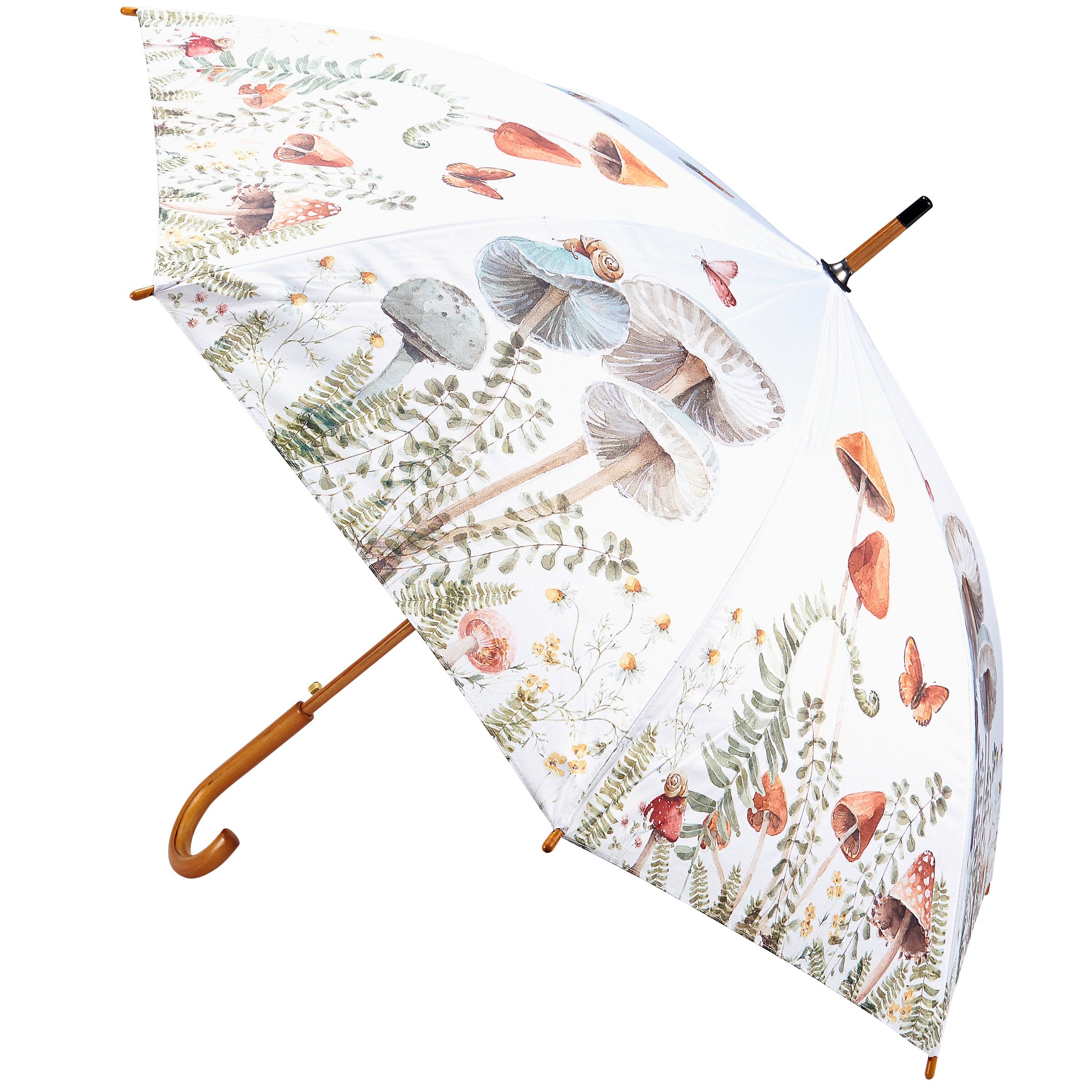 Whimsical Mushroom Study Umbrella with Curved Wooden Handle & Watercolor Art