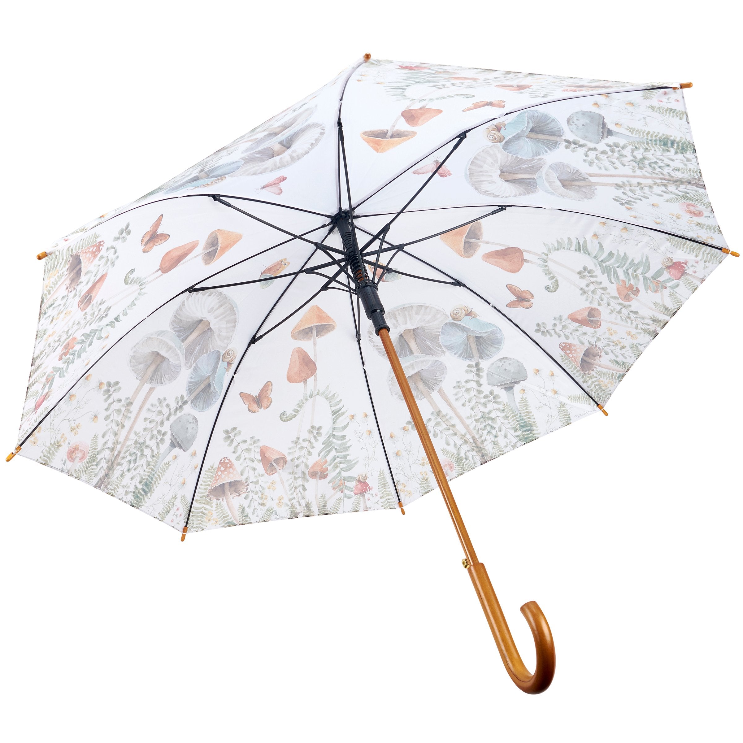 Whimsical Mushroom Study Umbrella with Curved Wooden Handle & Watercolor Art