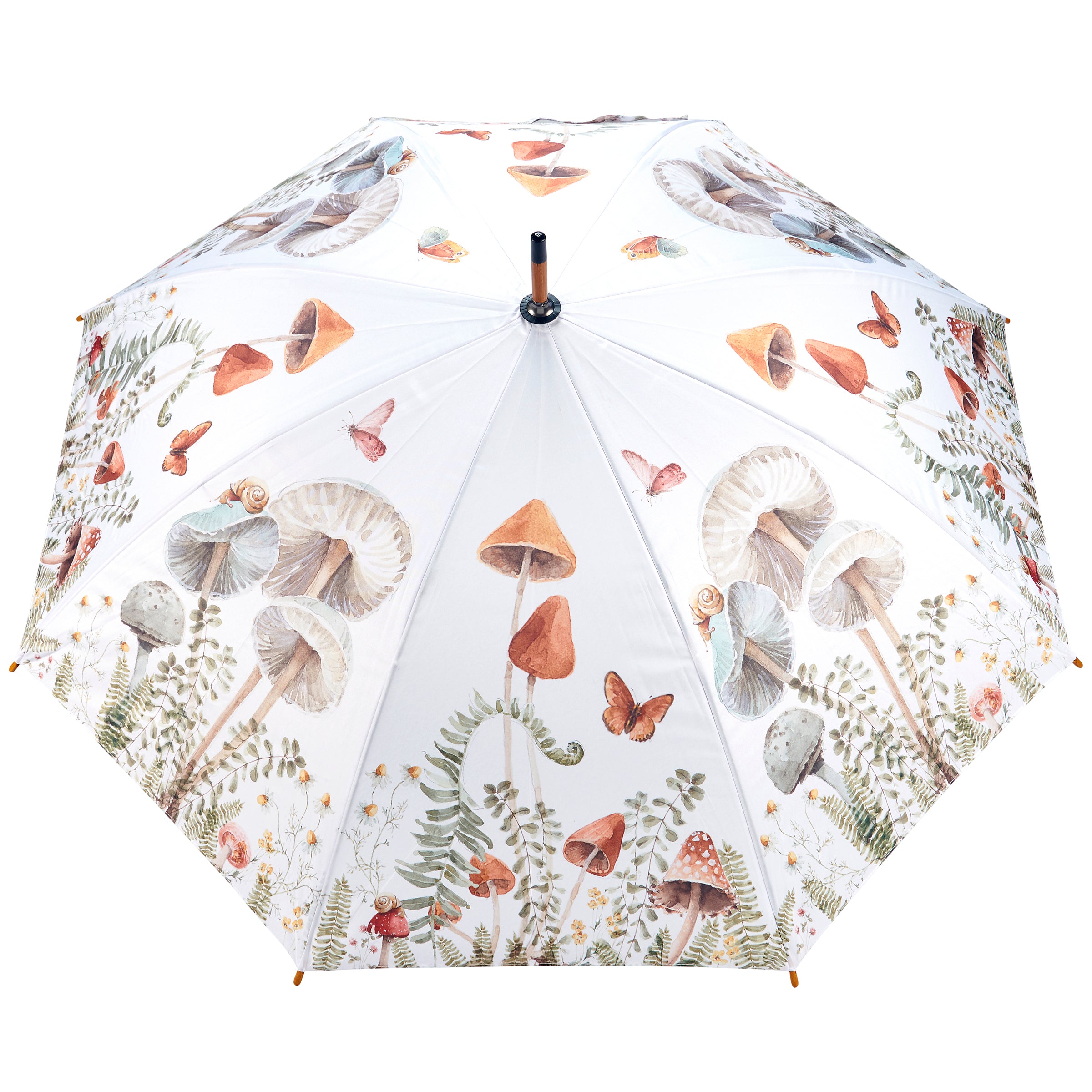Whimsical Mushroom Study Umbrella with Curved Wooden Handle & Watercolor Art