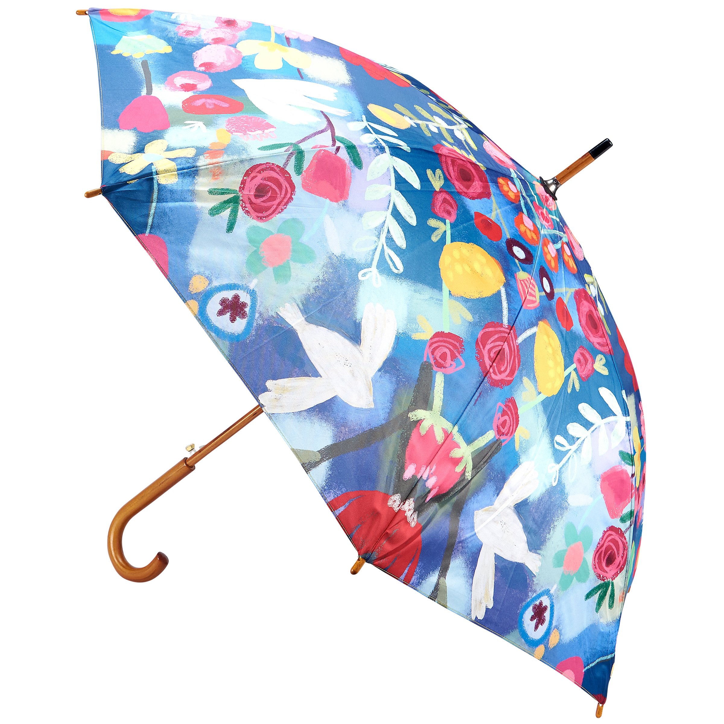 Stylish Blue Floral Umbrella with Curved Wood Handle, Auto-Open for Rain