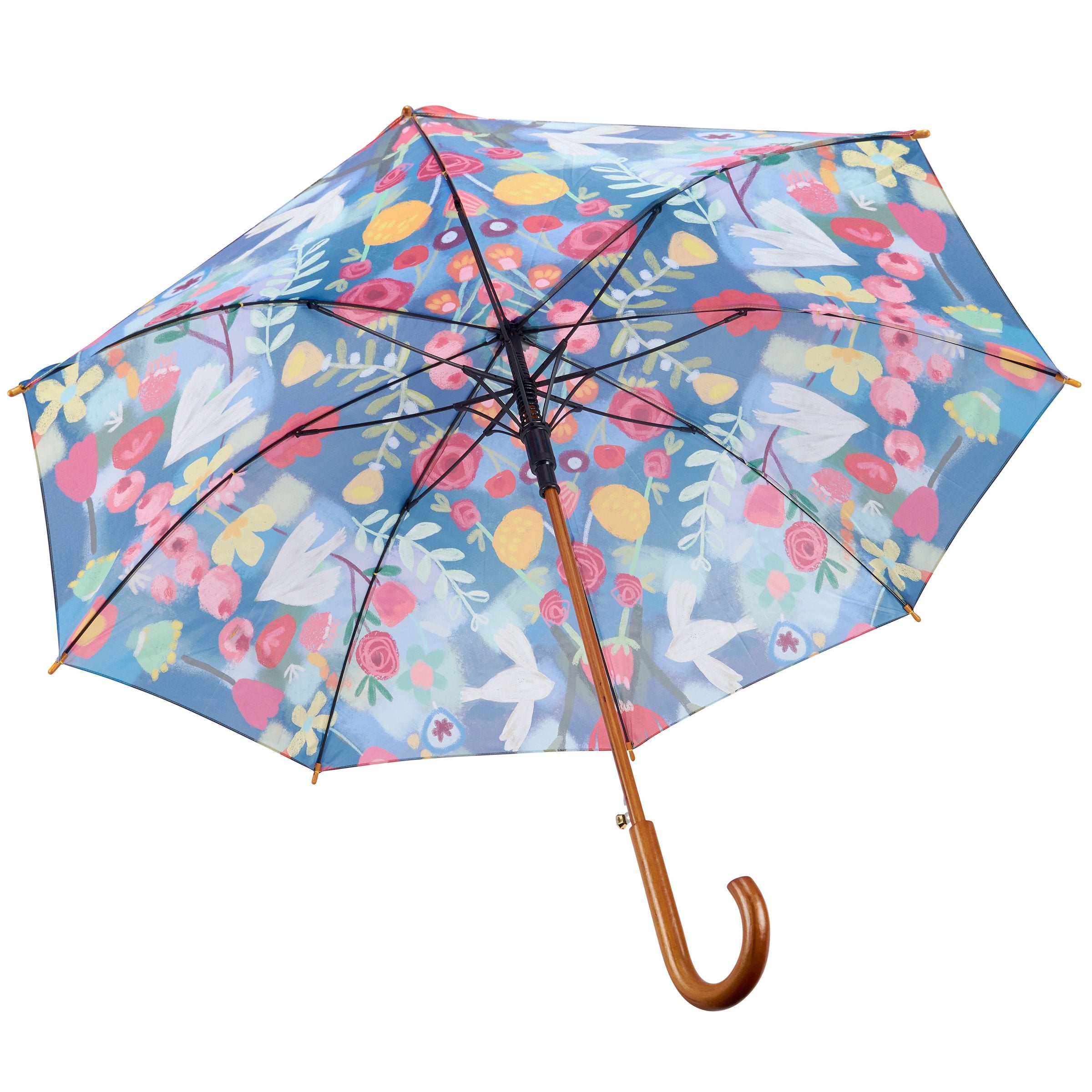 Stylish Blue Floral Umbrella with Curved Wood Handle, Auto-Open for Rain