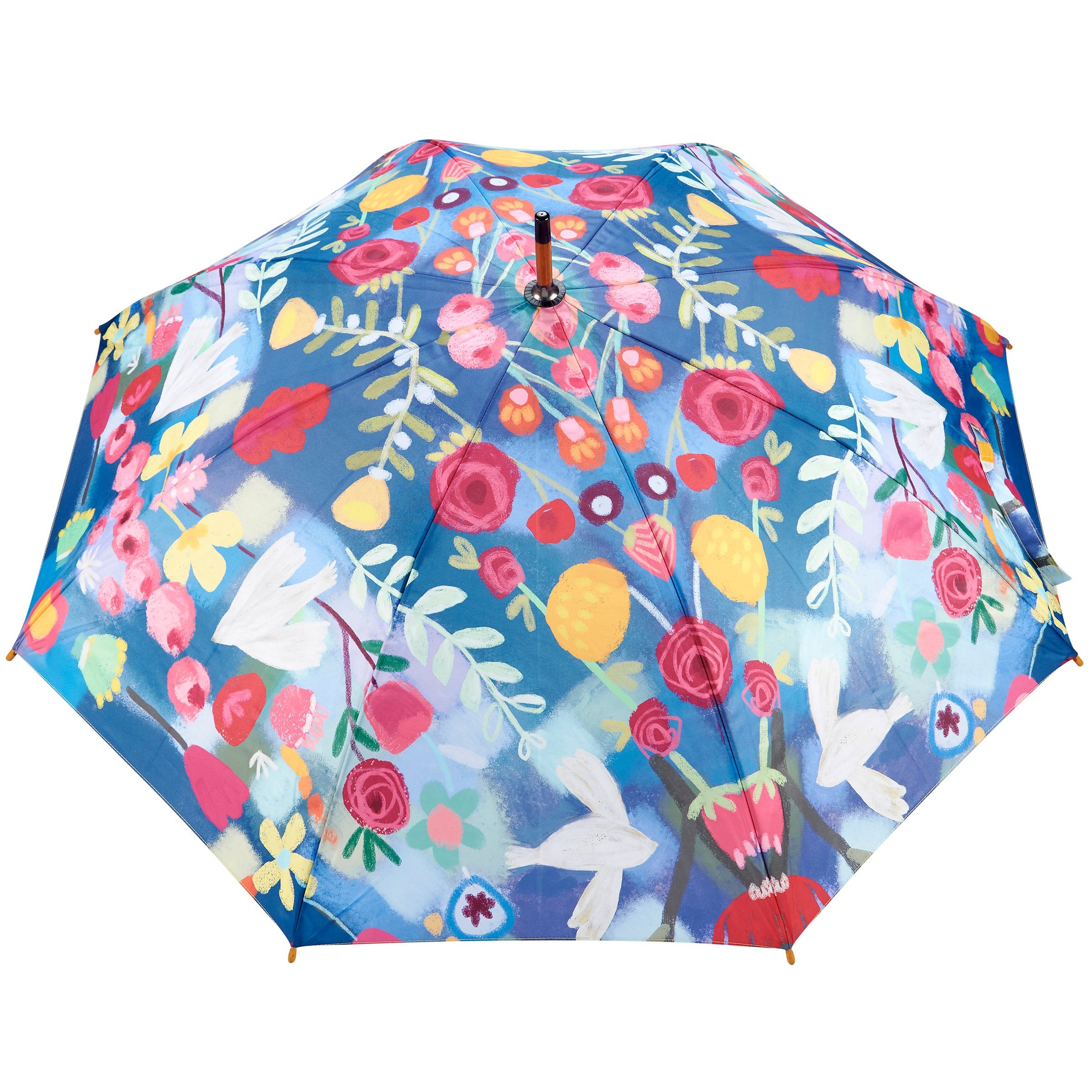 Stylish Blue Floral Umbrella with Curved Wood Handle, Auto-Open for Rain