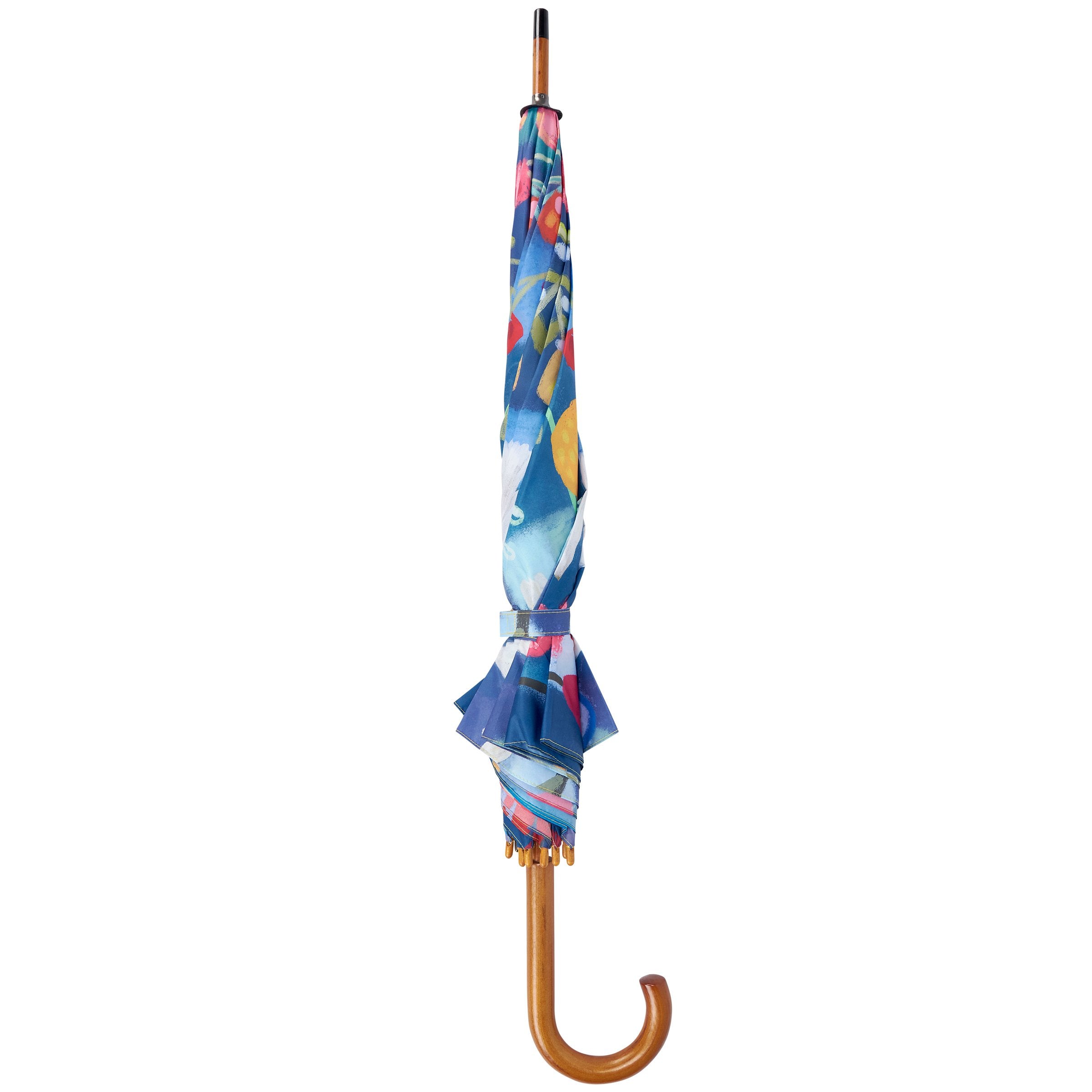 Stylish Blue Floral Umbrella with Curved Wood Handle, Auto-Open for Rain