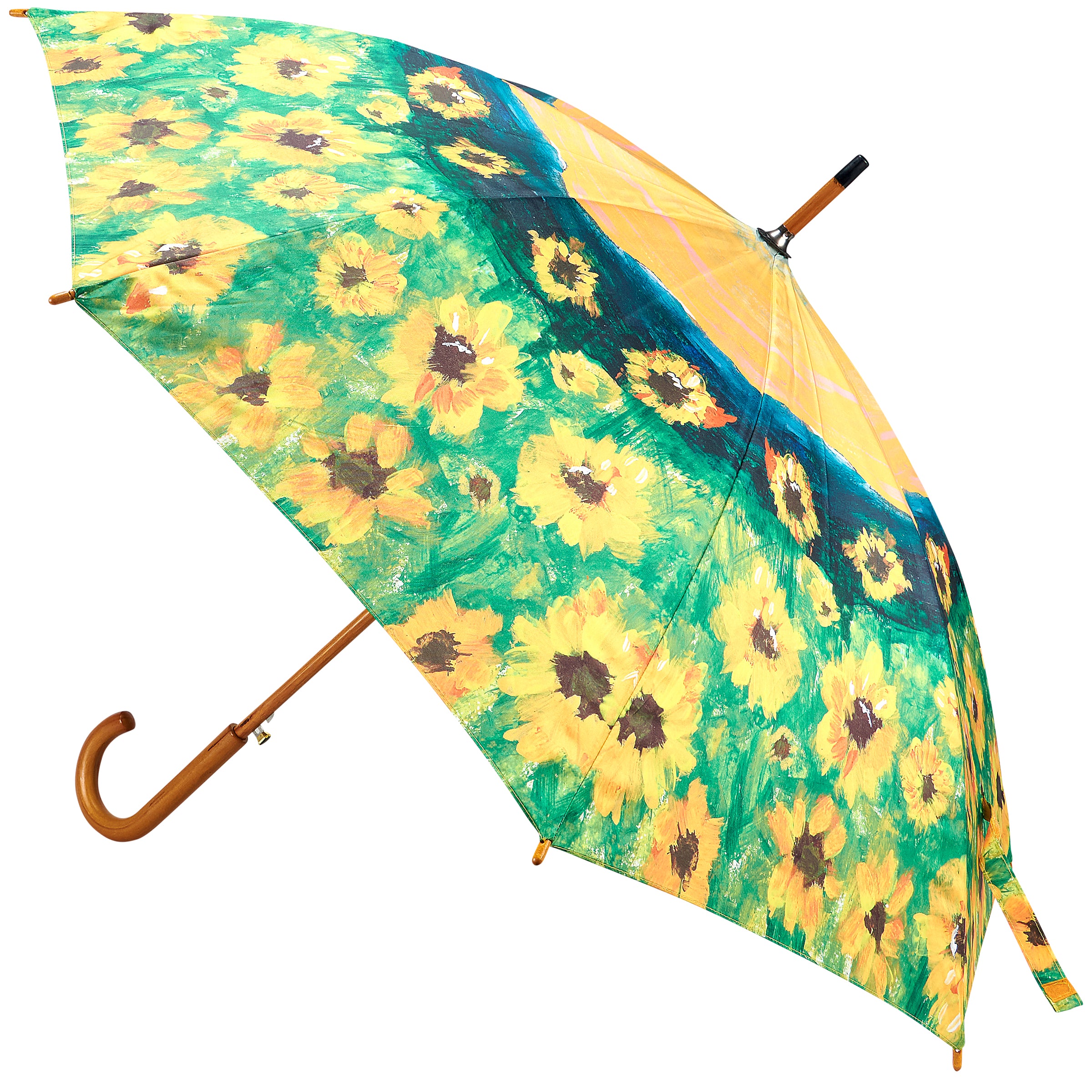 Artful Sunflower Fields Umbrella: Durable Wooden Handle, Push-Button Open, Weather Coverage