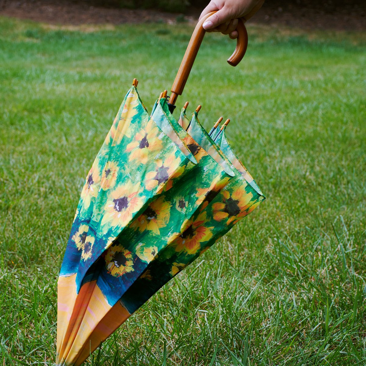 Artful Sunflower Fields Umbrella: Durable Wooden Handle, Push-Button Open, Weather Coverage