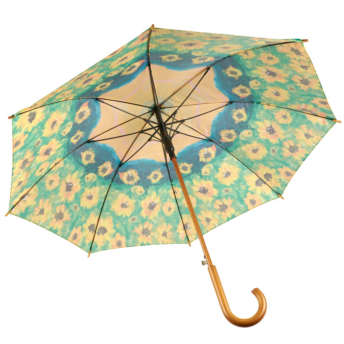 Artful Sunflower Fields Umbrella: Durable Wooden Handle, Push-Button Open, Weather Coverage