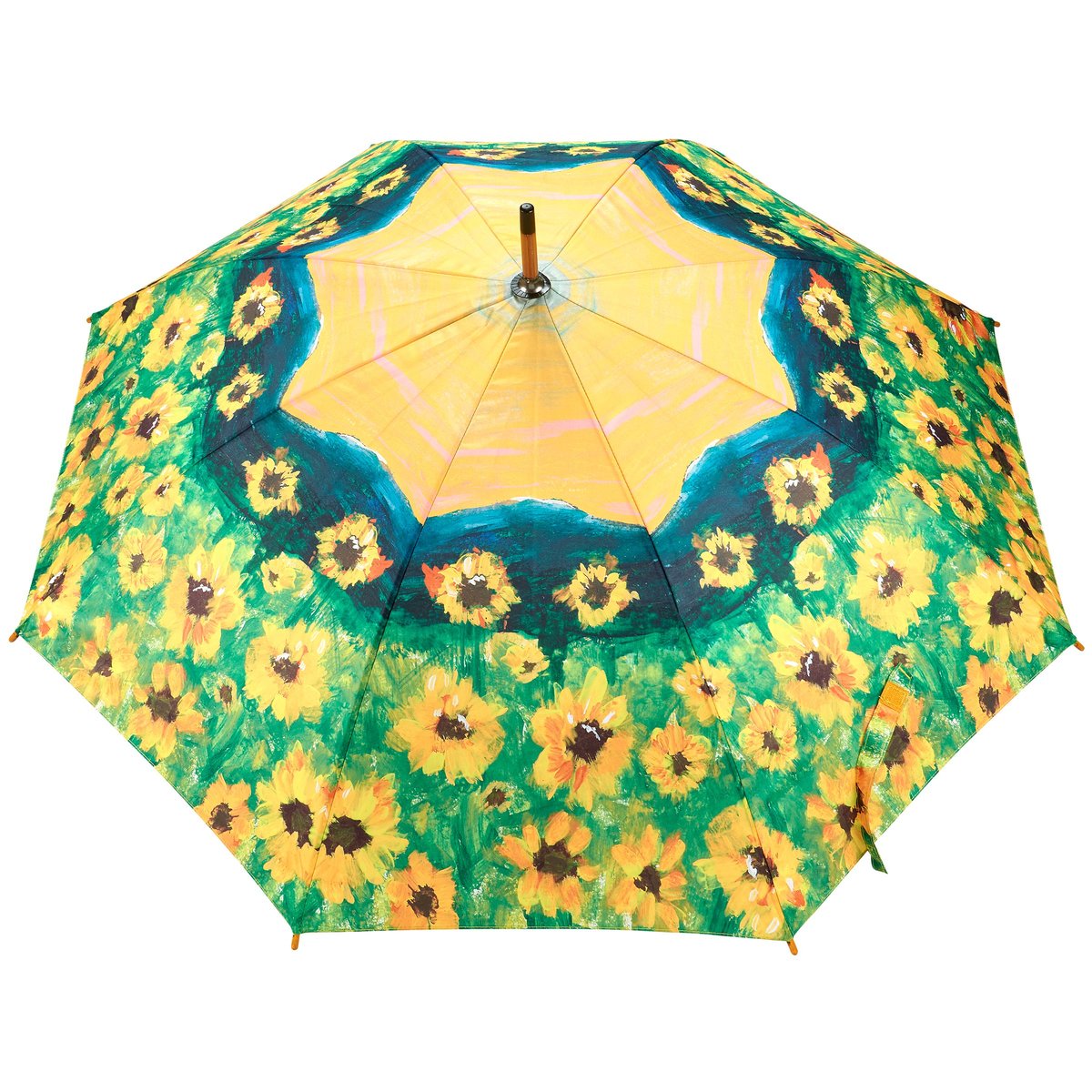 Artful Sunflower Fields Umbrella: Durable Wooden Handle, Push-Button Open, Weather Coverage