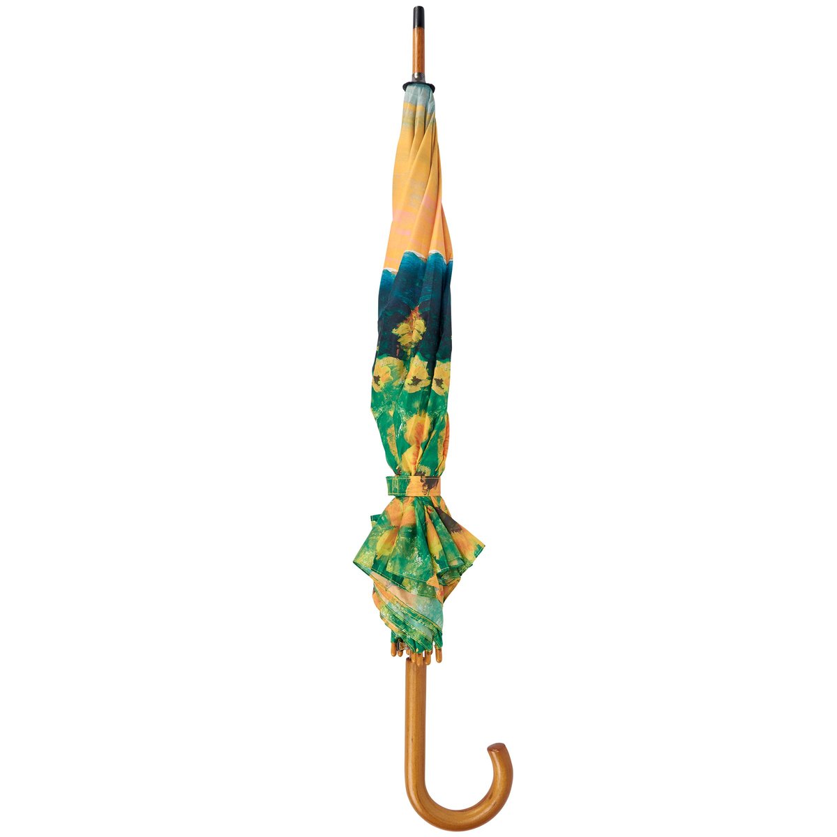 Artful Sunflower Fields Umbrella: Durable Wooden Handle, Push-Button Open, Weather Coverage