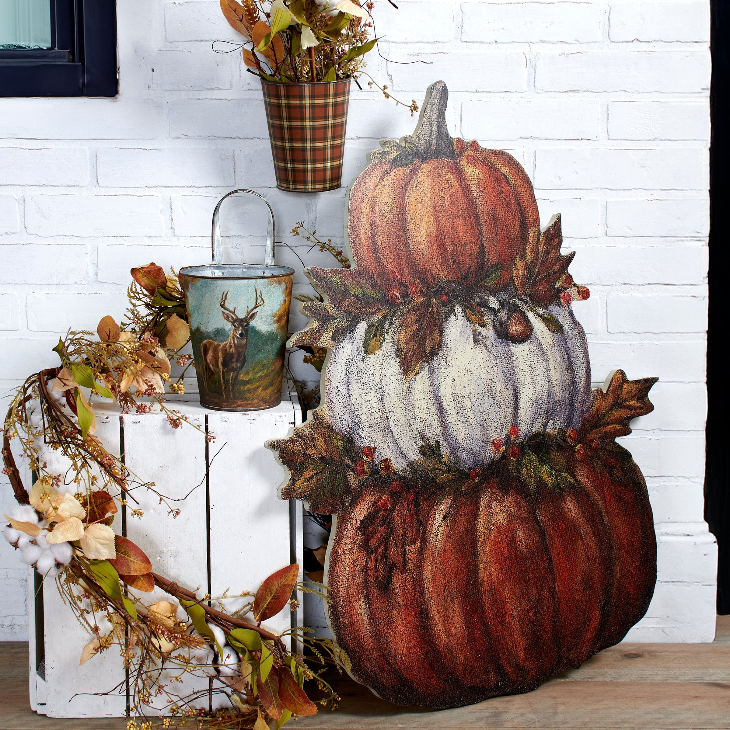 Rustic Fall Pumpkin Stack Porch Leaner - Durable Wood Seasonal Decor