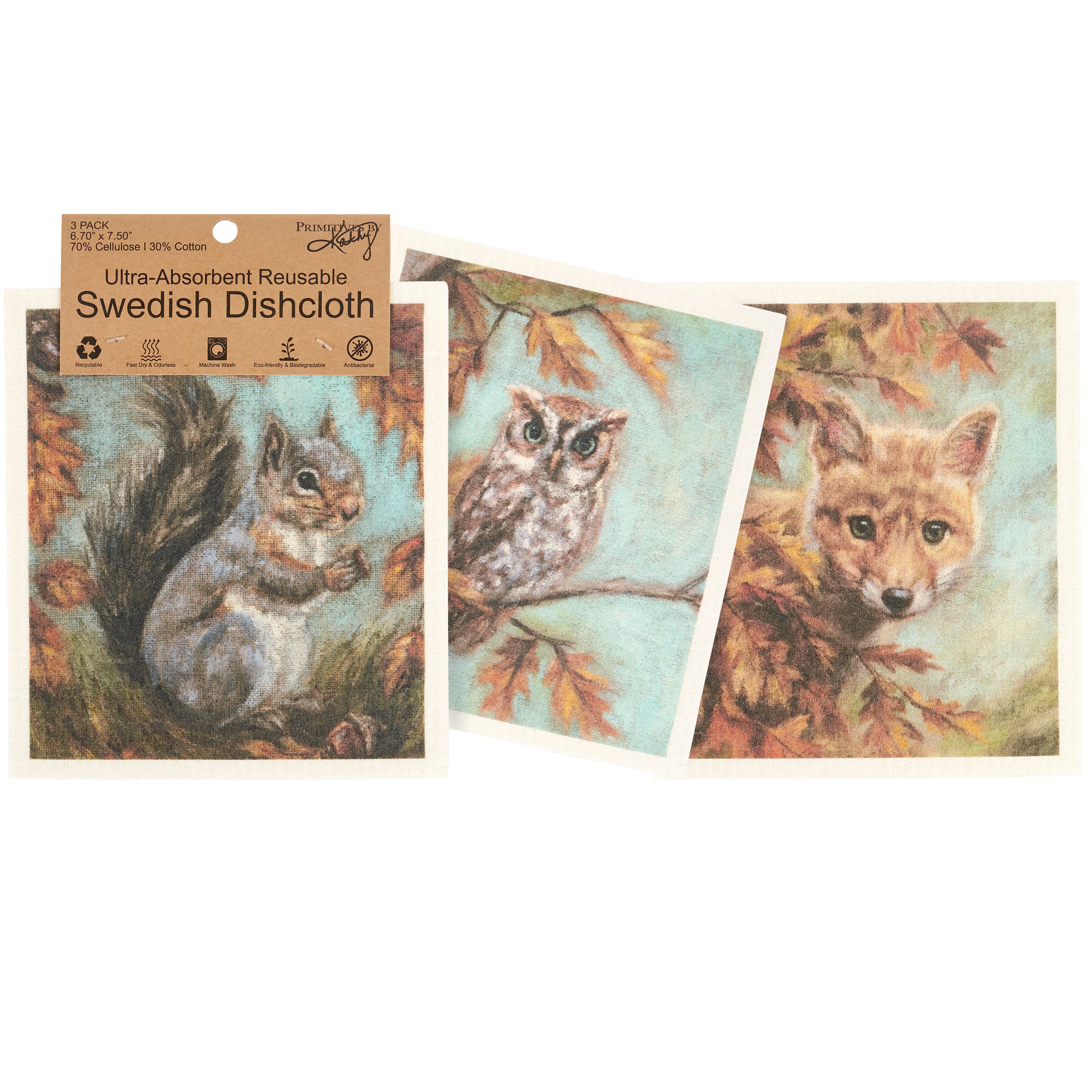 Eco-Friendly Fall Woods Swedish Dishcloth Set - Woodland Animal Designs - 3-Pack