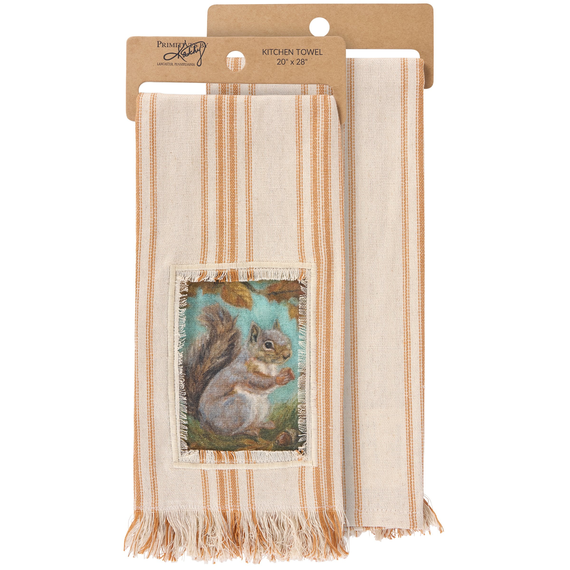 Curious Squirrel Fall Harvest Cream Cotton Kitchen Towel with Frayed Border