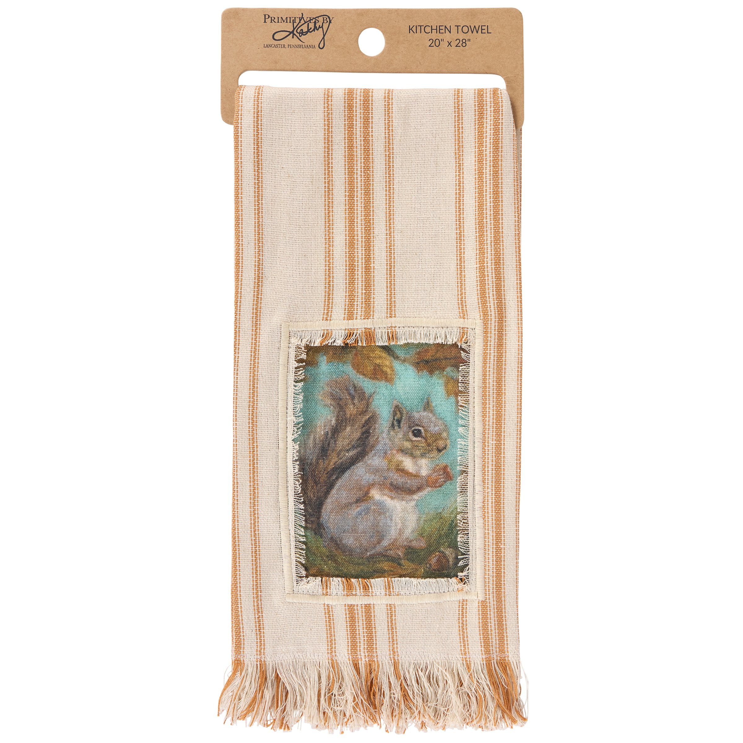 Curious Squirrel Fall Harvest Cream Cotton Kitchen Towel with Frayed Border