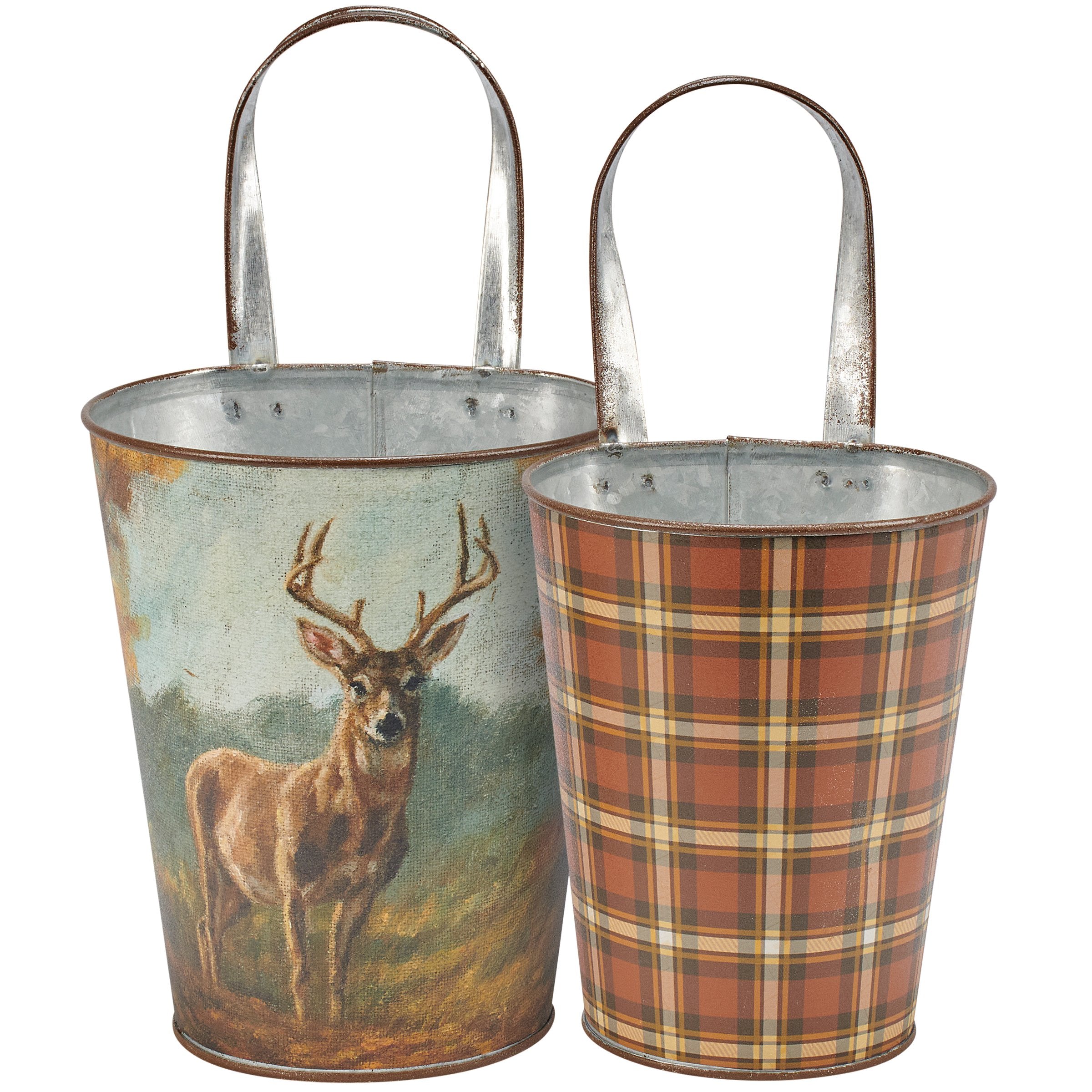 Charming Forest Deer Wall Bucket Set - Rustic Metal Fall Plaid Home Decor
