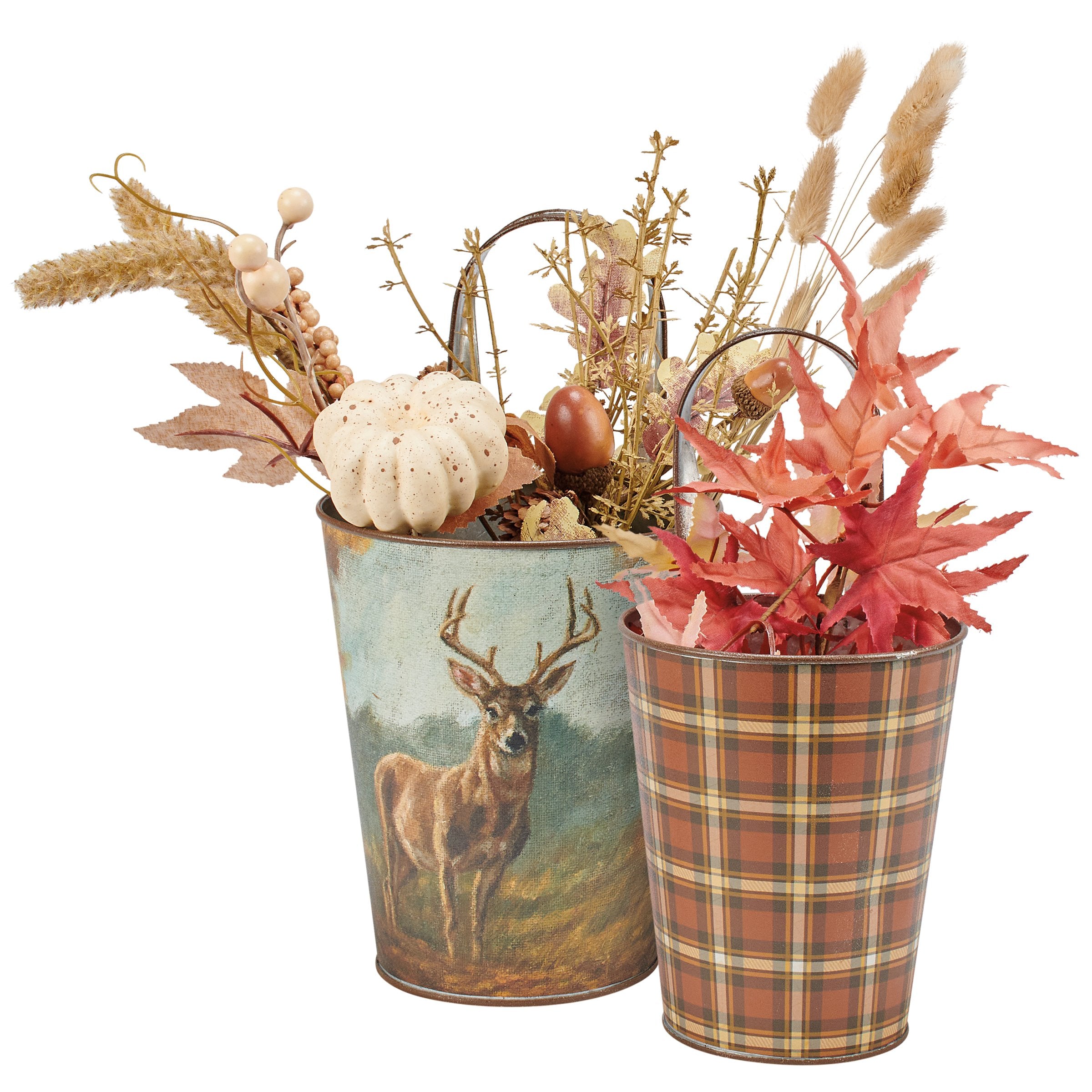 Charming Forest Deer Wall Bucket Set - Rustic Metal Fall Plaid Home Decor