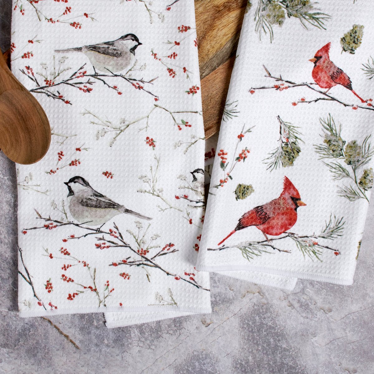 Festive Winter Birds Microfiber Kitchen Towel Set: Cardinal & Chickadee Art
