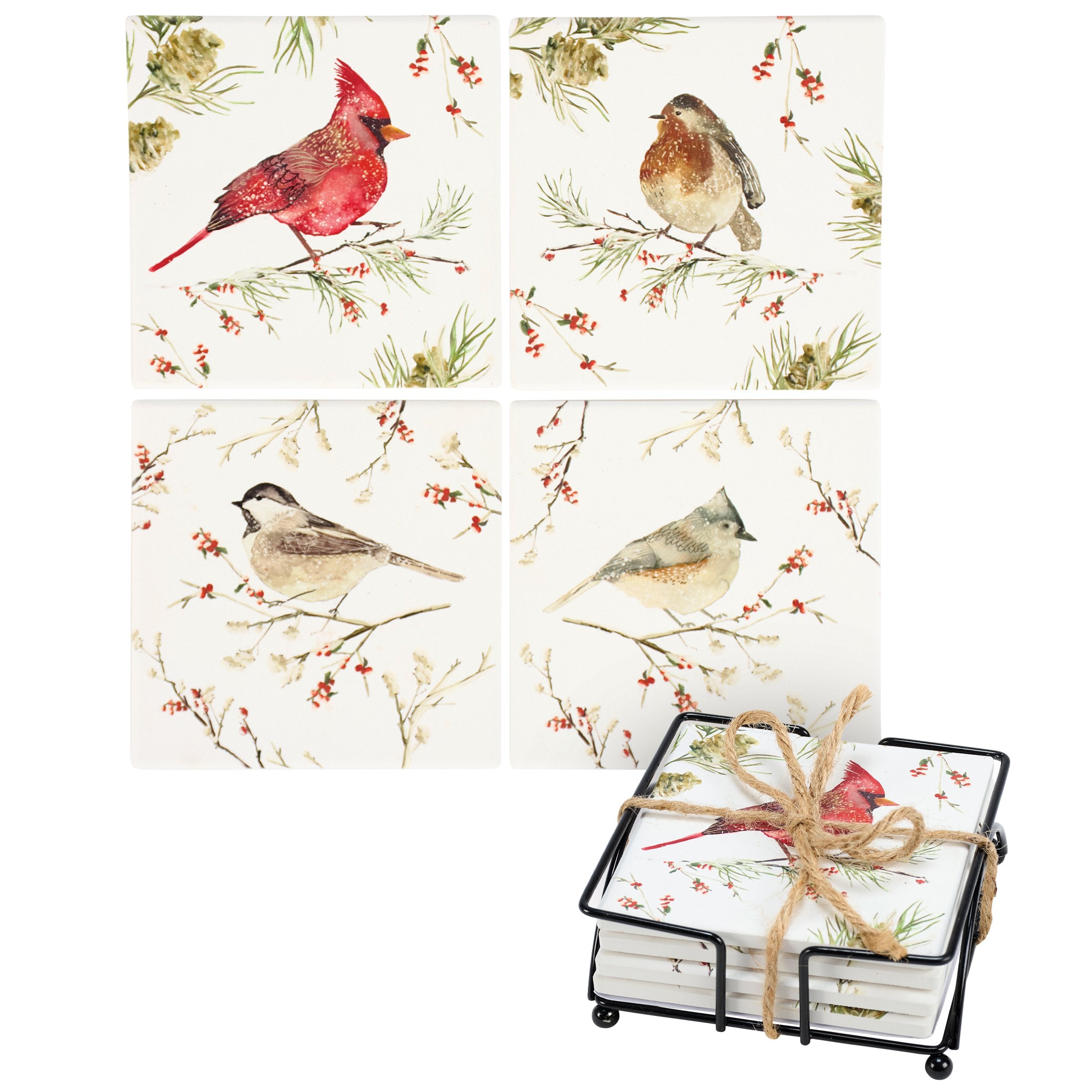 Charming Winter Birds Stoneware Coaster Set with Wire Holder for Drinks
