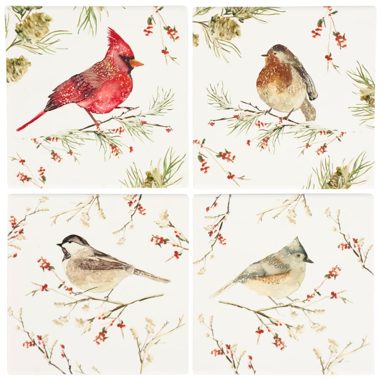 Charming Winter Birds Stoneware Coaster Set with Wire Holder for Drinks