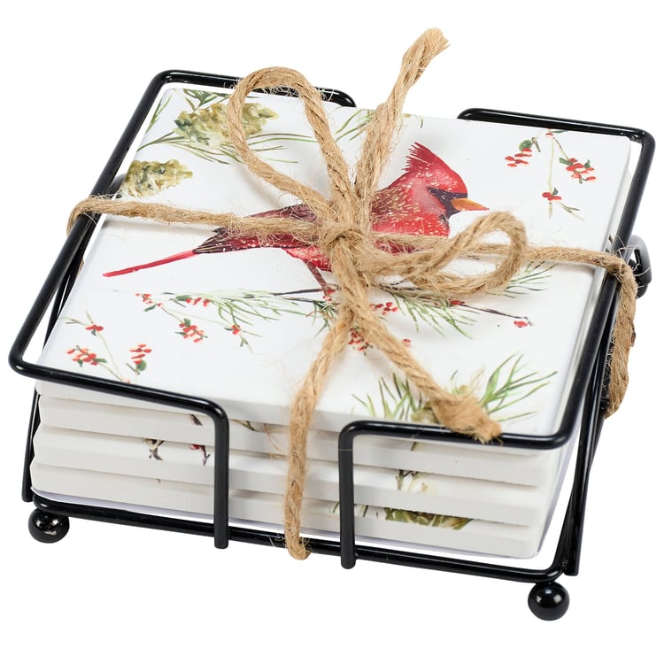 Charming Winter Birds Stoneware Coaster Set with Wire Holder for Drinks