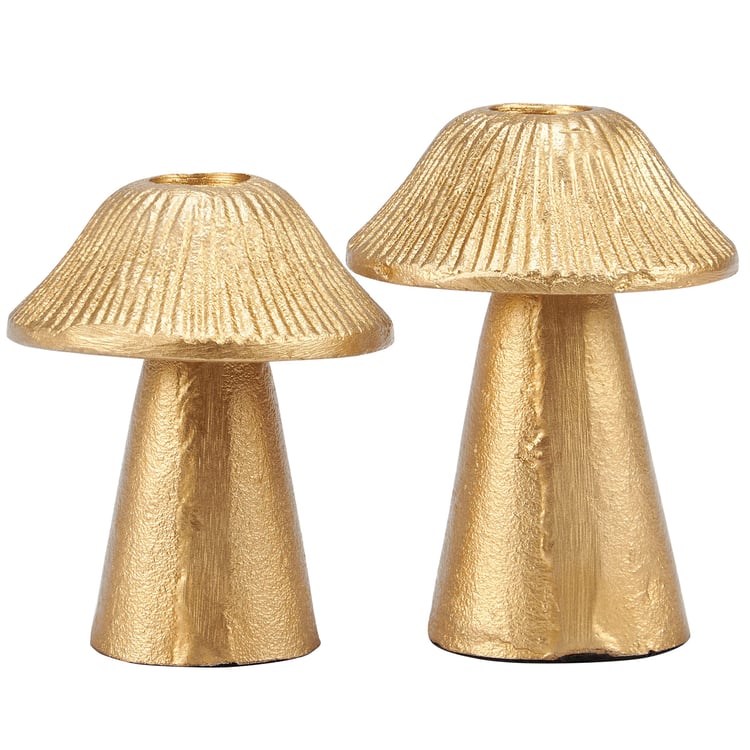 Metallic Gold Mushroom Candle Holder Set - Rustic Nature-Themed Home Accents