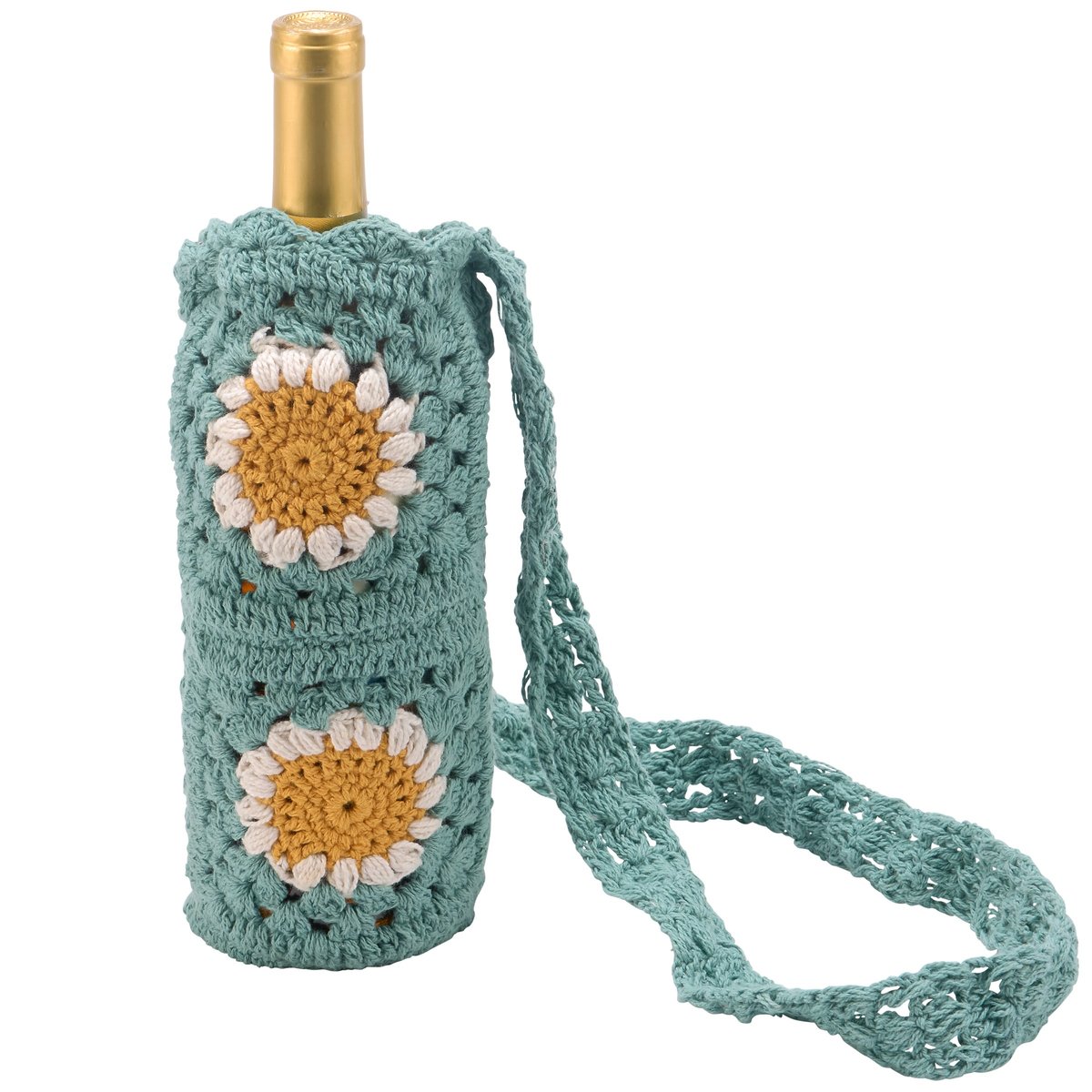Charming Crochet Daisy Bottle Holder with Shoulder Strap for Wine & Water
