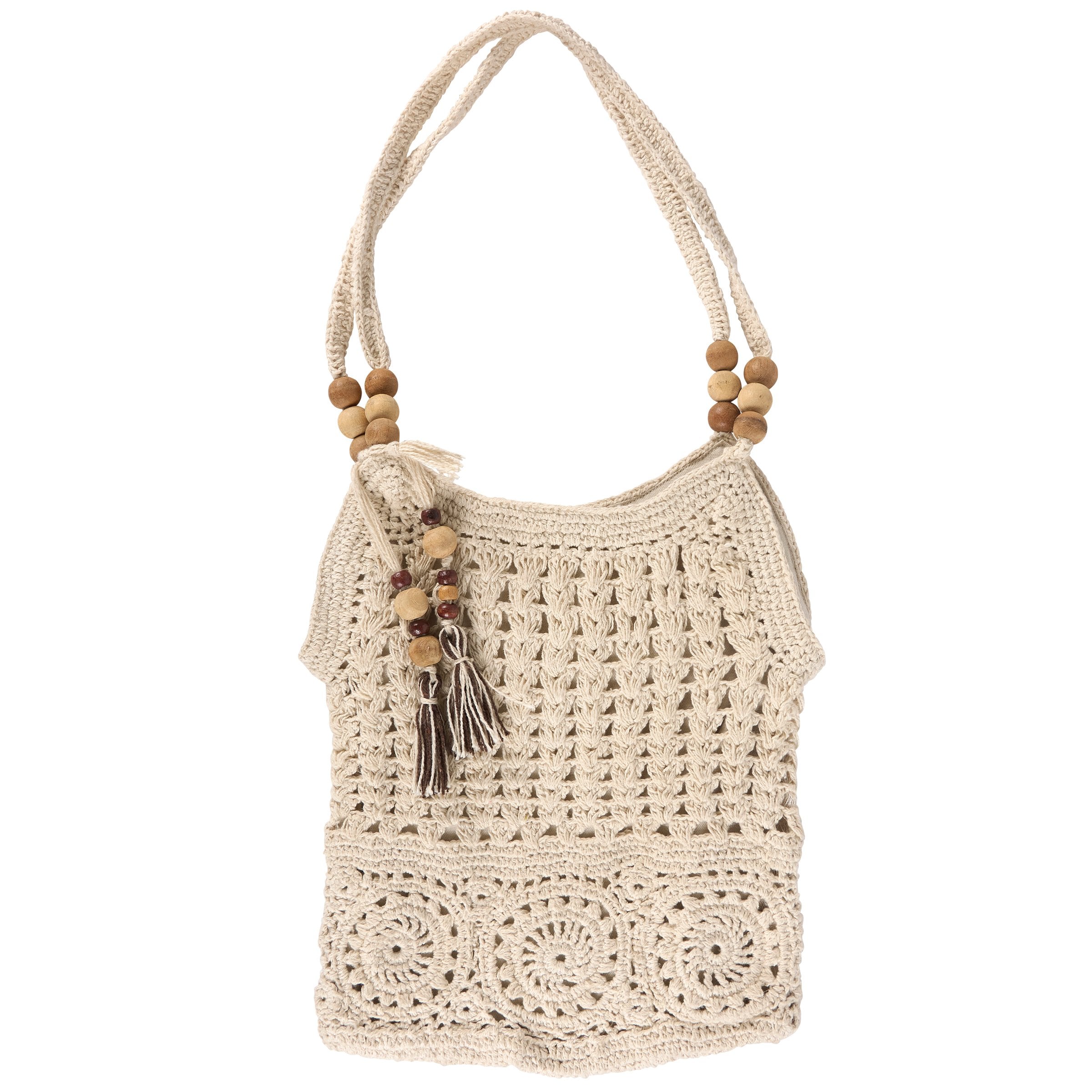 Chic Boho Crocheted Cotton Tote Bag with Wooden Beads & Tassel Accents